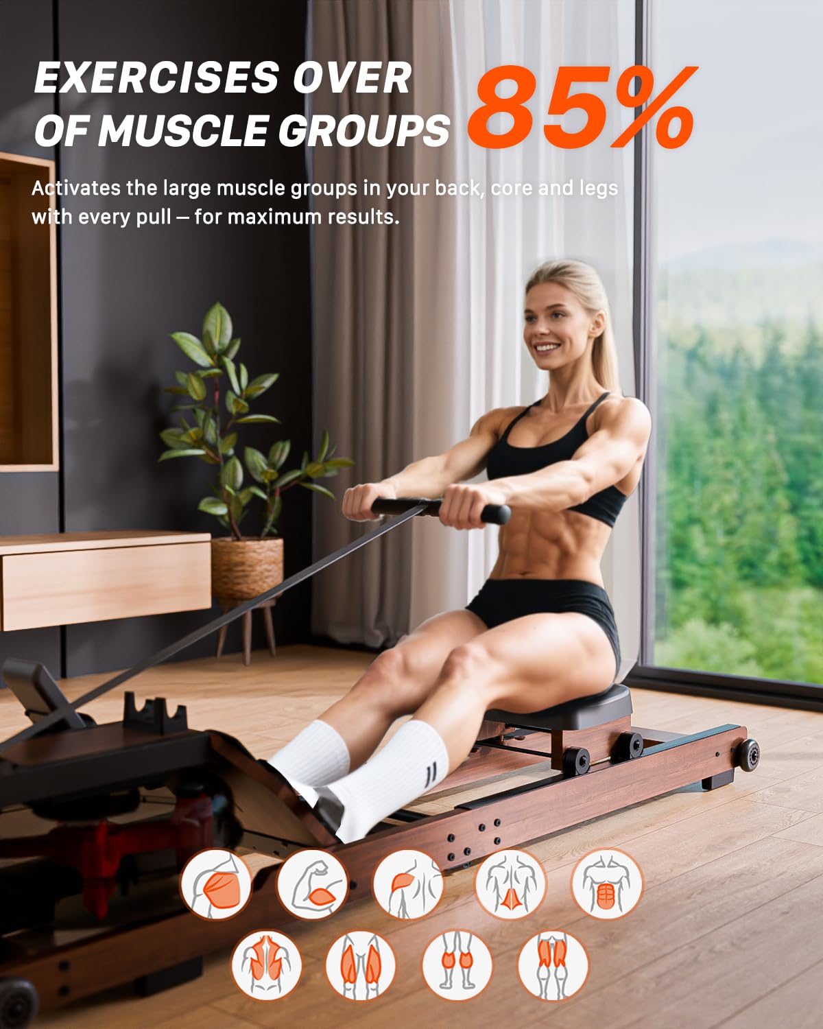 Vogatore ad Acqua Pieghevole per Casa in Legno di Bambù, Rematore Professionale Bluetooth Kinomap, Vogatore Salvaspazio Silenzioso con Monitor LCD, Supporto Tablet e Allenamento Total Body