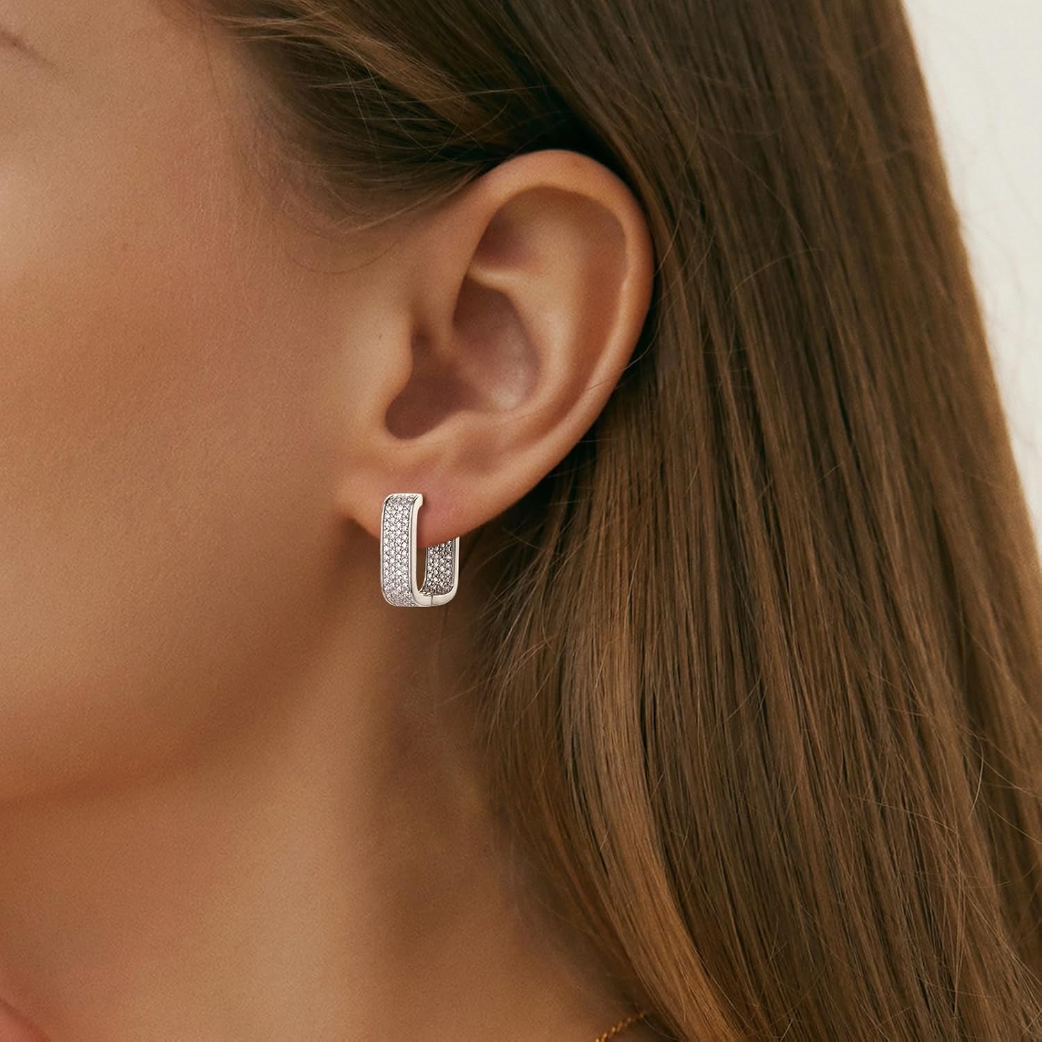 Moiaanite Luxury Sparkle Statement Hoop Earrings for Women S925 Sterling Silver Wide Post Chunky Earrings D Color Square Huggie Earrings for Valentine's Day Birthday Gift (Silver)