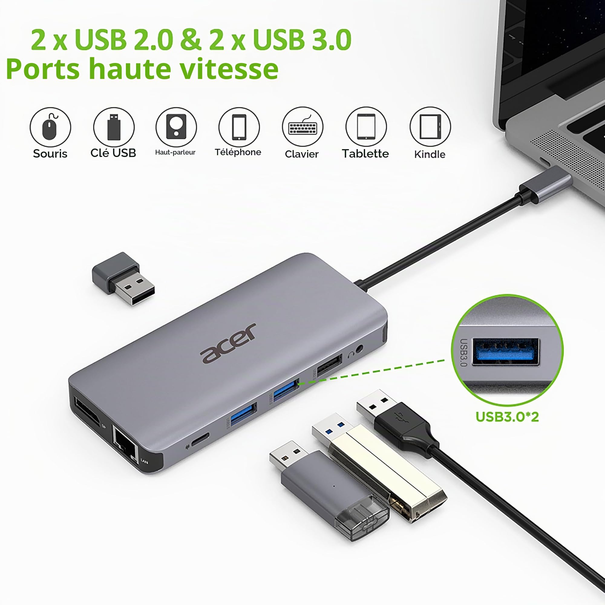 Acer HP.DSCAB.009 Station d'accueil avec Fil USB 3.2 Gen 1 (3.1 Gen 1) Type-C Argent