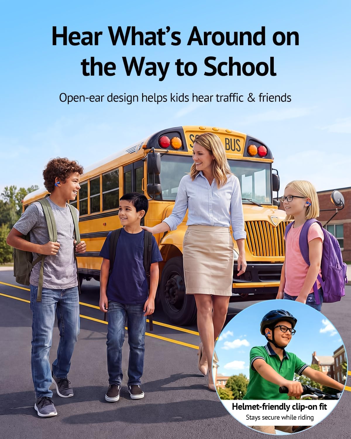 FOYCOY Kids Open Ear Earbuds - Clip-On Earbuds - 85 dB Volume Limit - Bluetooth 6.0, Built-in Mic, 40H Playtime, Silicone Pads, IPX5, Small Ears and Glasses Friendly, Ages 6-14, Blue - Image 3