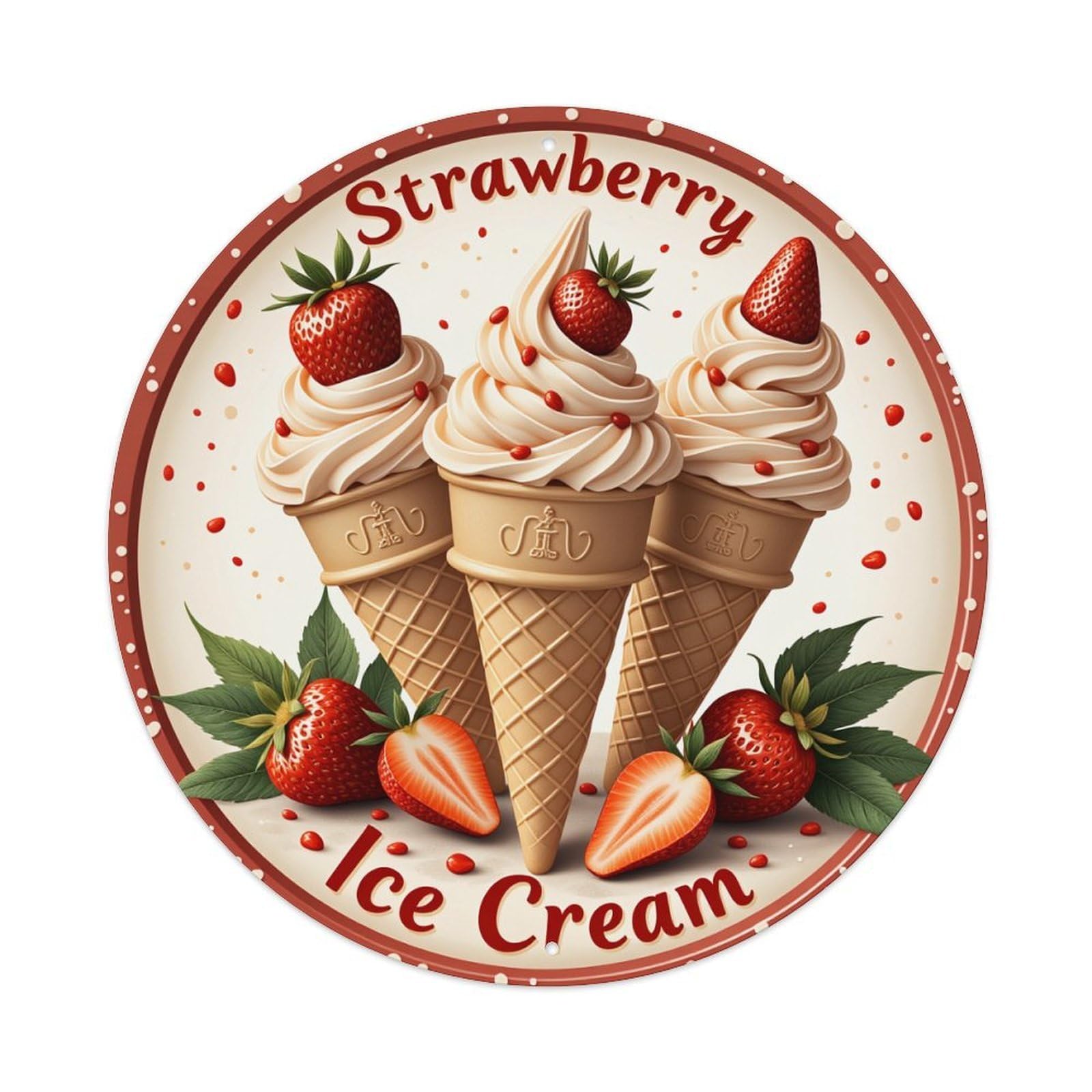Strawberry Ice Cream Cones With Berries Round Tin Sign Retro Metal Sign for Cafe Bar Pub Home Game Room Gym Club Wall Decoration Vintage Metal Poster 8x8 Inch