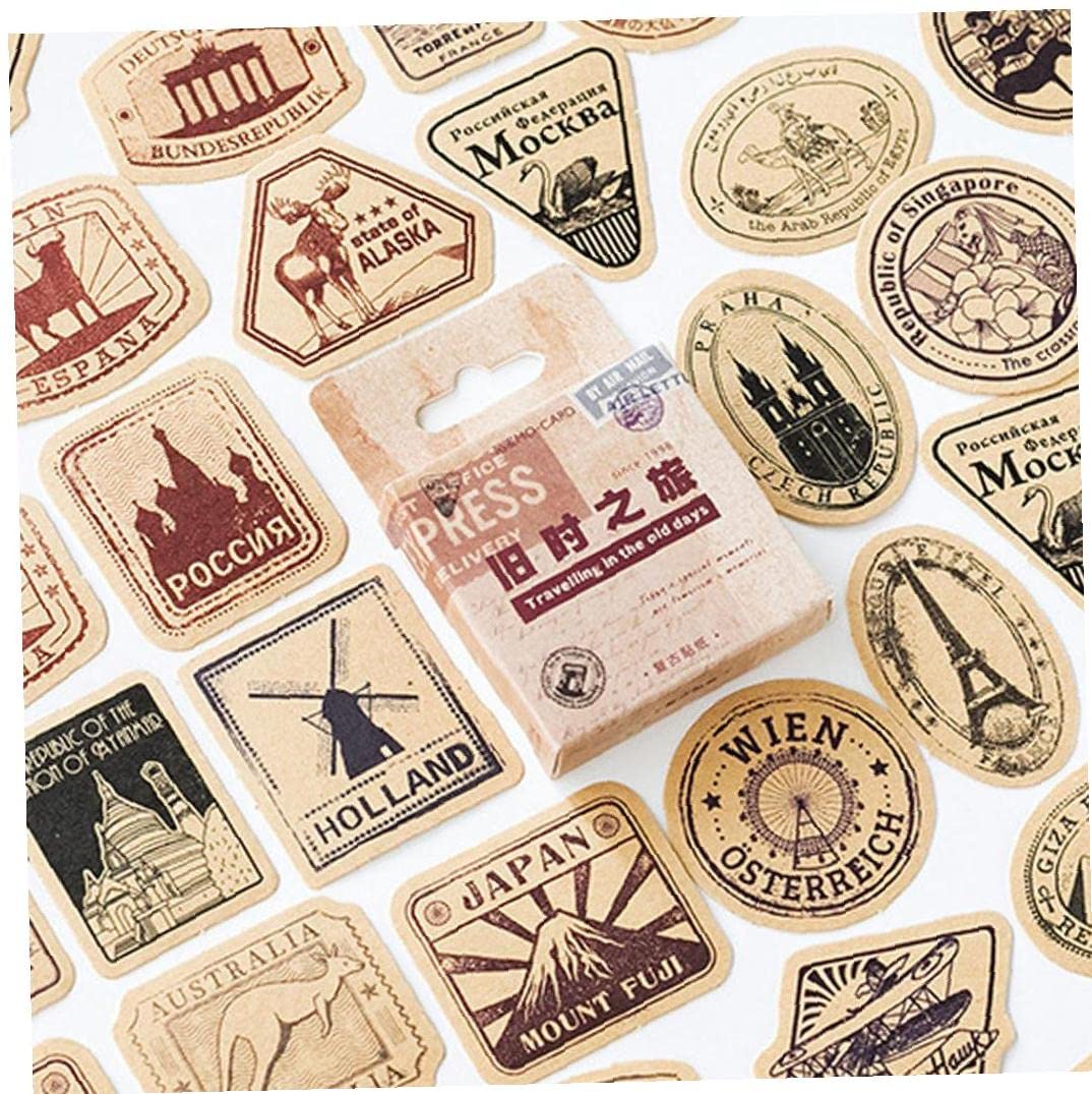 Onsinic Vintage Travel Stickers 46Pcs Retro Kraft Stamp Stickers Adhesive Label Stickers For Suitcase Laptop Car Travel Luggage