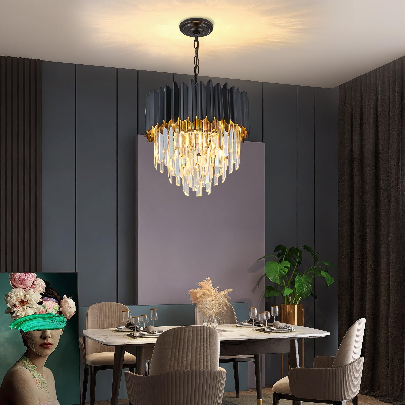 Moderne Luxus Kristall Pendelleuchte, schwarzer Kristall Kronleuchter, 3-Tier Raindrop Kronleuchter Leuchte Flush Mount Deckenleuchte für Esszimmer, Φ40cm