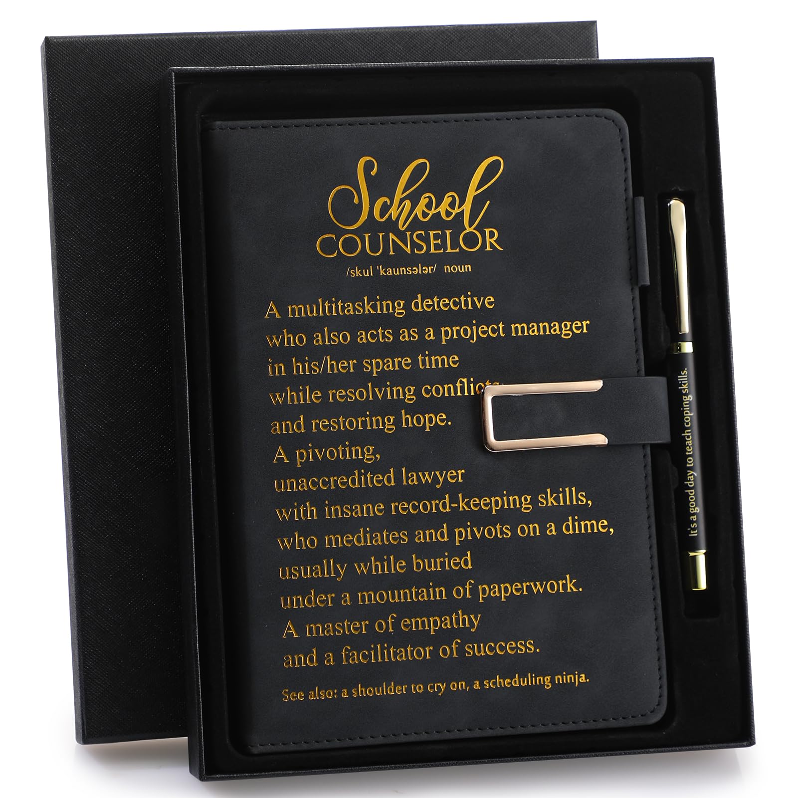Cuaderno de cuero premium en negro y dorado con caja de lujo