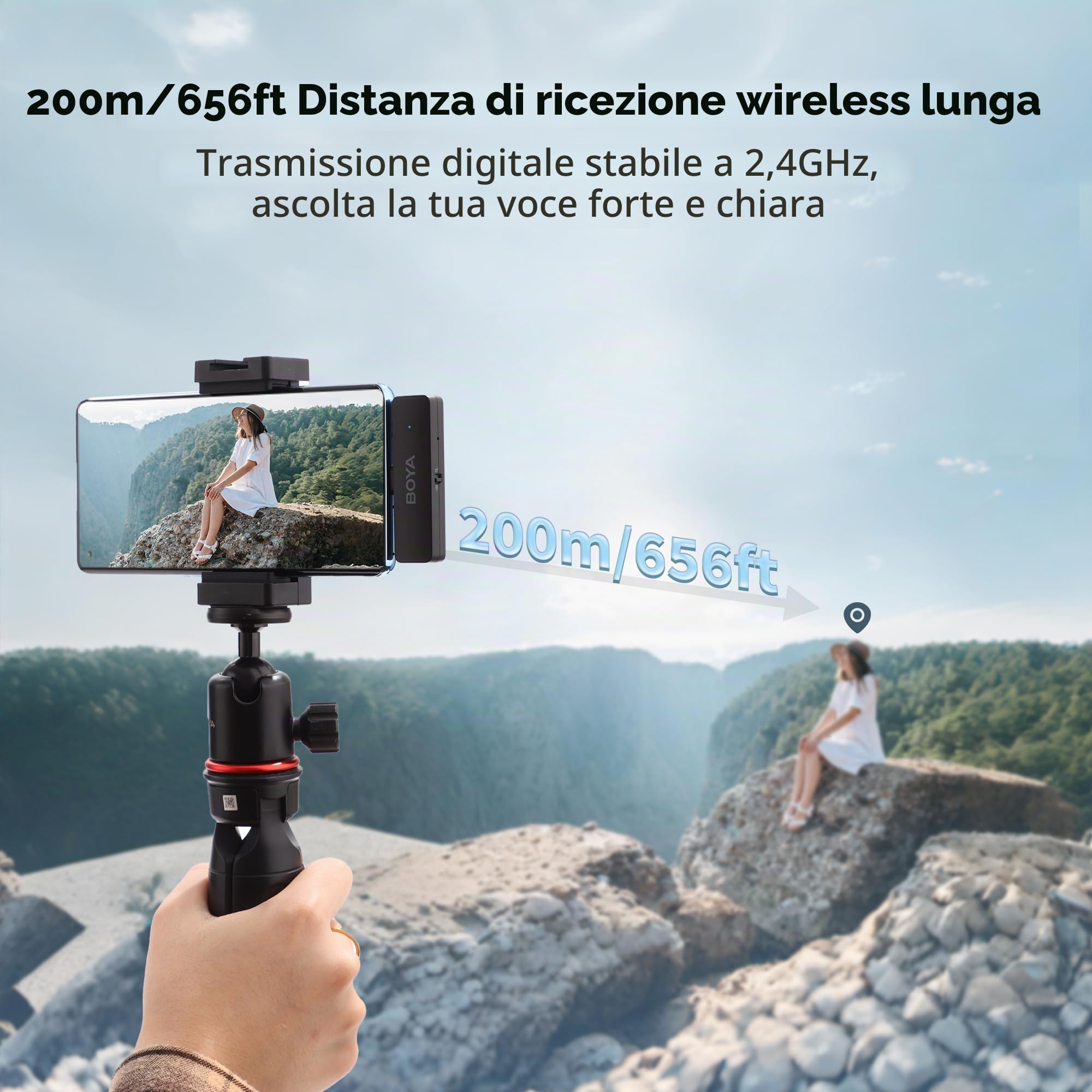 BOYA BY-V4U Microfono wireless per Android, microfono lavalier wireless, portata di 199,9 m, durata della batteria 18 ore con cancellazione del rumore, compatibile per registrazione video, podcast