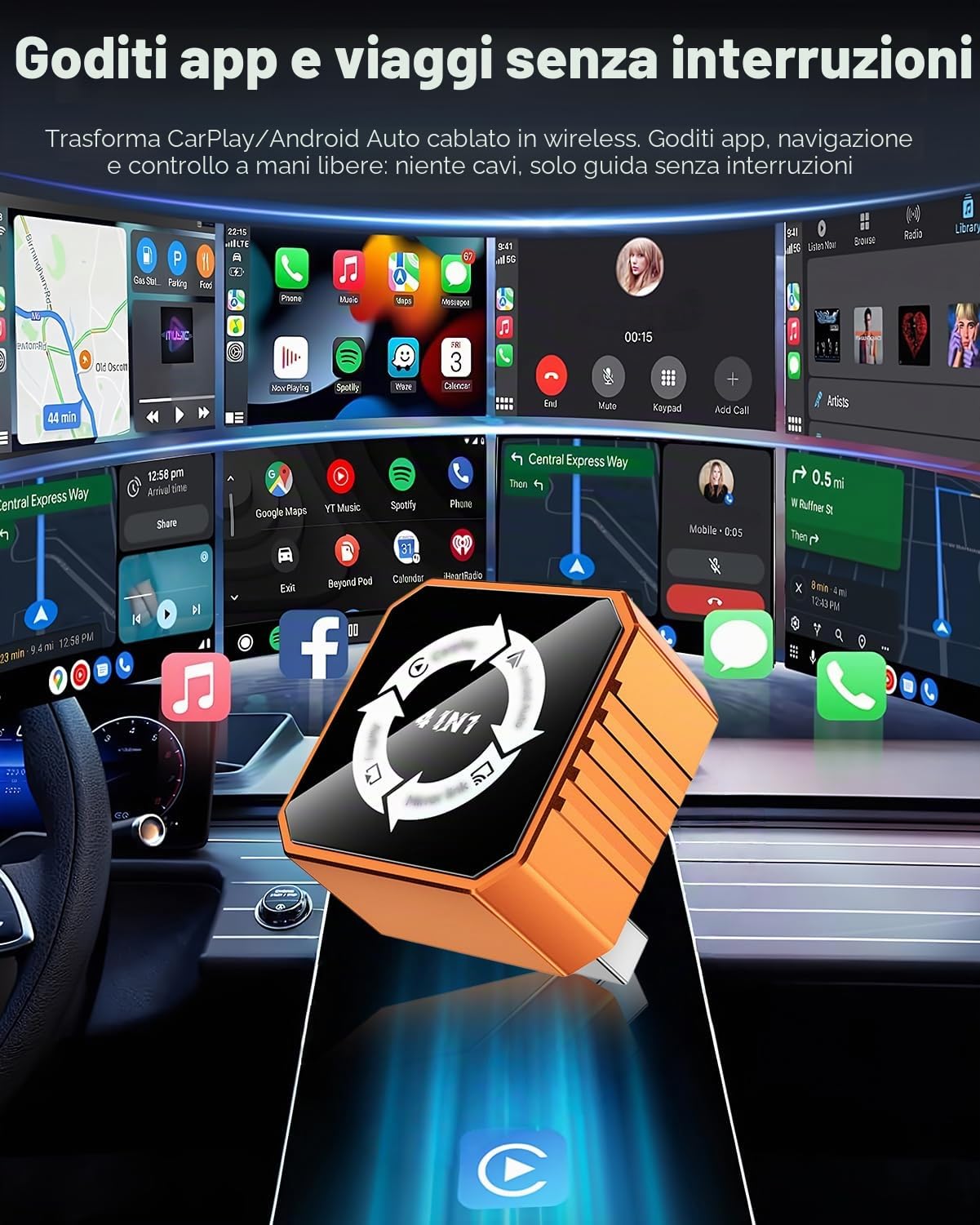 Adattatore wireless CarPlay 4 in 1 e dongle auto Android, supporta AirPlay e MirrorLink Screen MirrorLink, connessione veloce stabile a 5,8 GHz, Plug and Play per auto con CarPlay cablato di