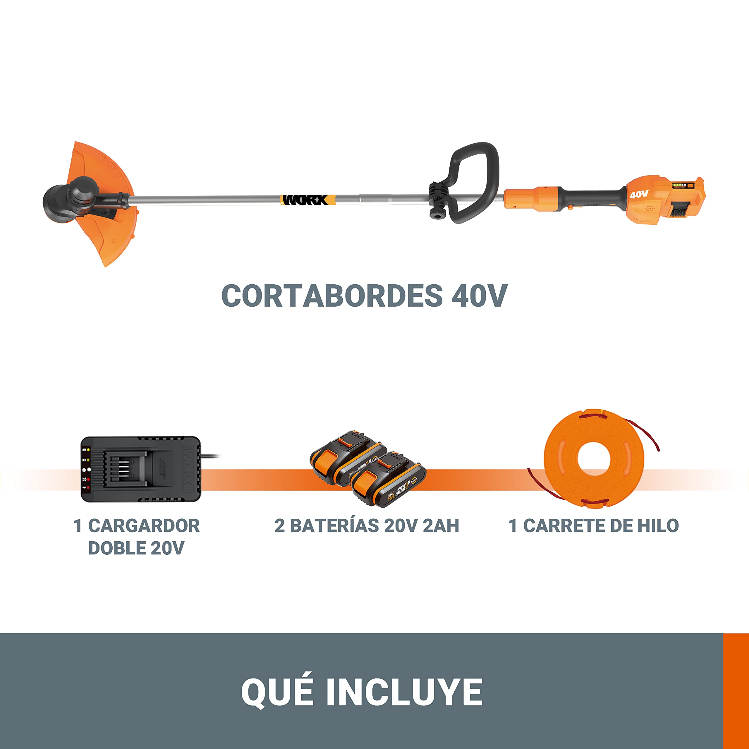 WORX Cortabordes a batería 40V Máx. (2x20V) | WG183E | Incluye 2 baterías 2Ah y Cargador Doble | Mango Ajustable | Doble Cabezal | Carrete de alimentación automática