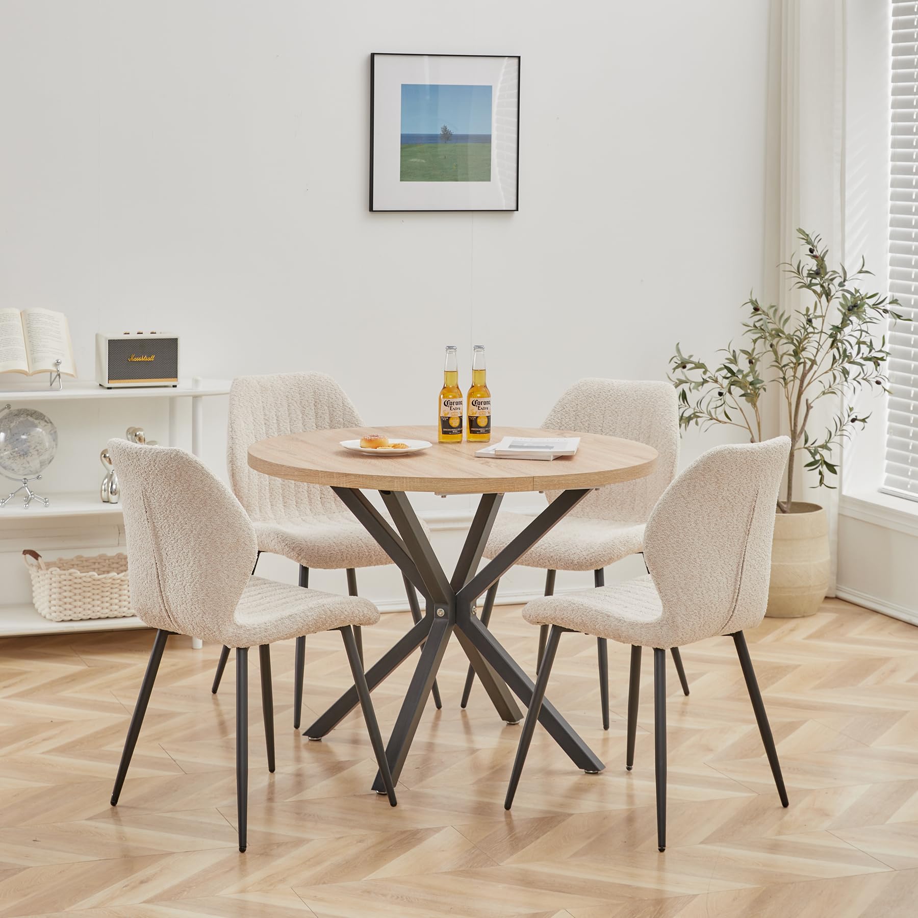 Juego de Comedor Mesa Redonda 100cm y 4 Sillas, Mesa y Sillas de Comedor para Comedor, Cocina y Salón (Madera Claro+Caqui)