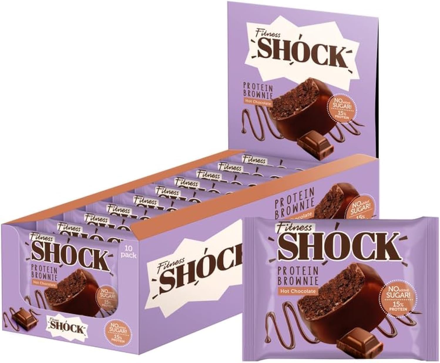 Fitness Shock Protein Brownie – Hot Chocolate Flavor – 10 x 50g, 20g Protein per Brownie, Low Sugar, Gluten-Free, High-Protein Snack for Muscle Gain & Post-Workout Recovery