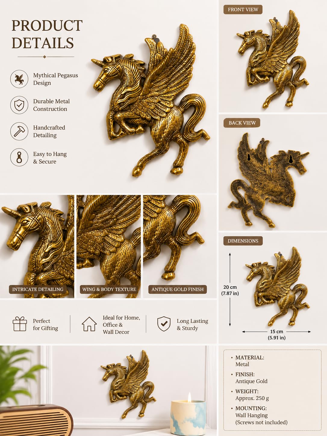 Golden Flying Horse Wall Decor - Metal Pegasus Art -2