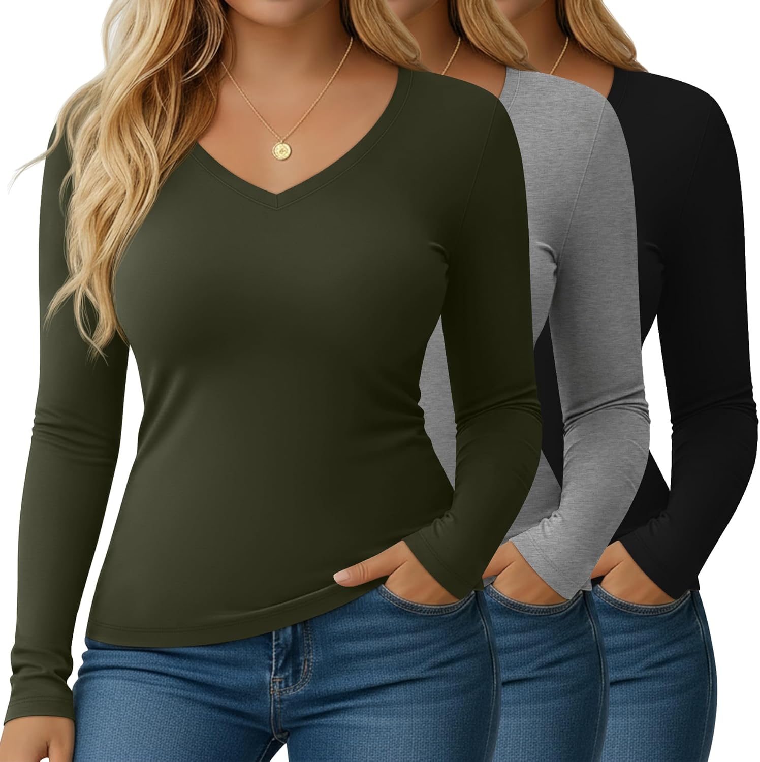 3 Pack Women's Plus Size T-Shirts Long Sleeve V Neck Slim Fitted Tunic Tops Casual Stretchy Basic Tee Shirt Xl-5XL