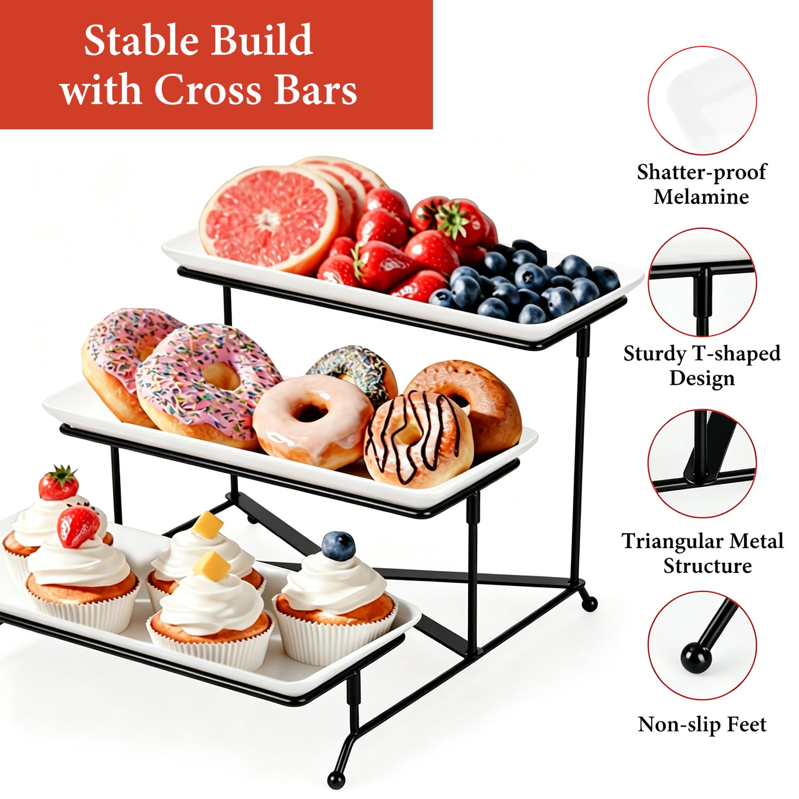 GAESHOW Vassoio da Portata 3 Piatti, Alzate per Buffet Dolci Riutilizzabile, Vassoio Rettangolo con Supporto in Metallo, per Dessert, Frutta e Torta, per Feste e Cucina