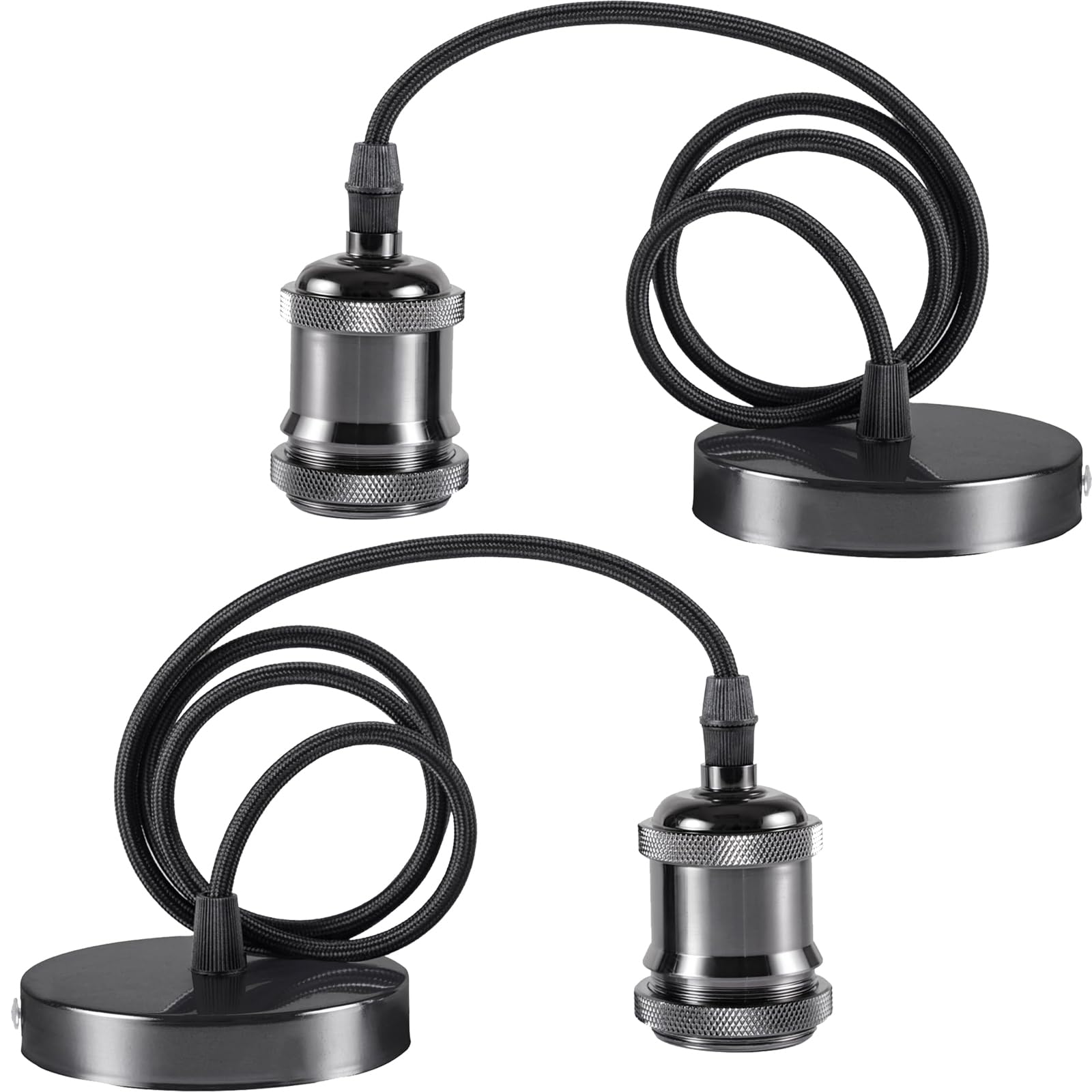 Seruno X Ceiling Pendant Light Fitting, E27 Lamp Holder, 100cm Braided Flex Cable Free Adjustment, Industrial Style Ceiling Pendant Fitting, 2 Pack, Black