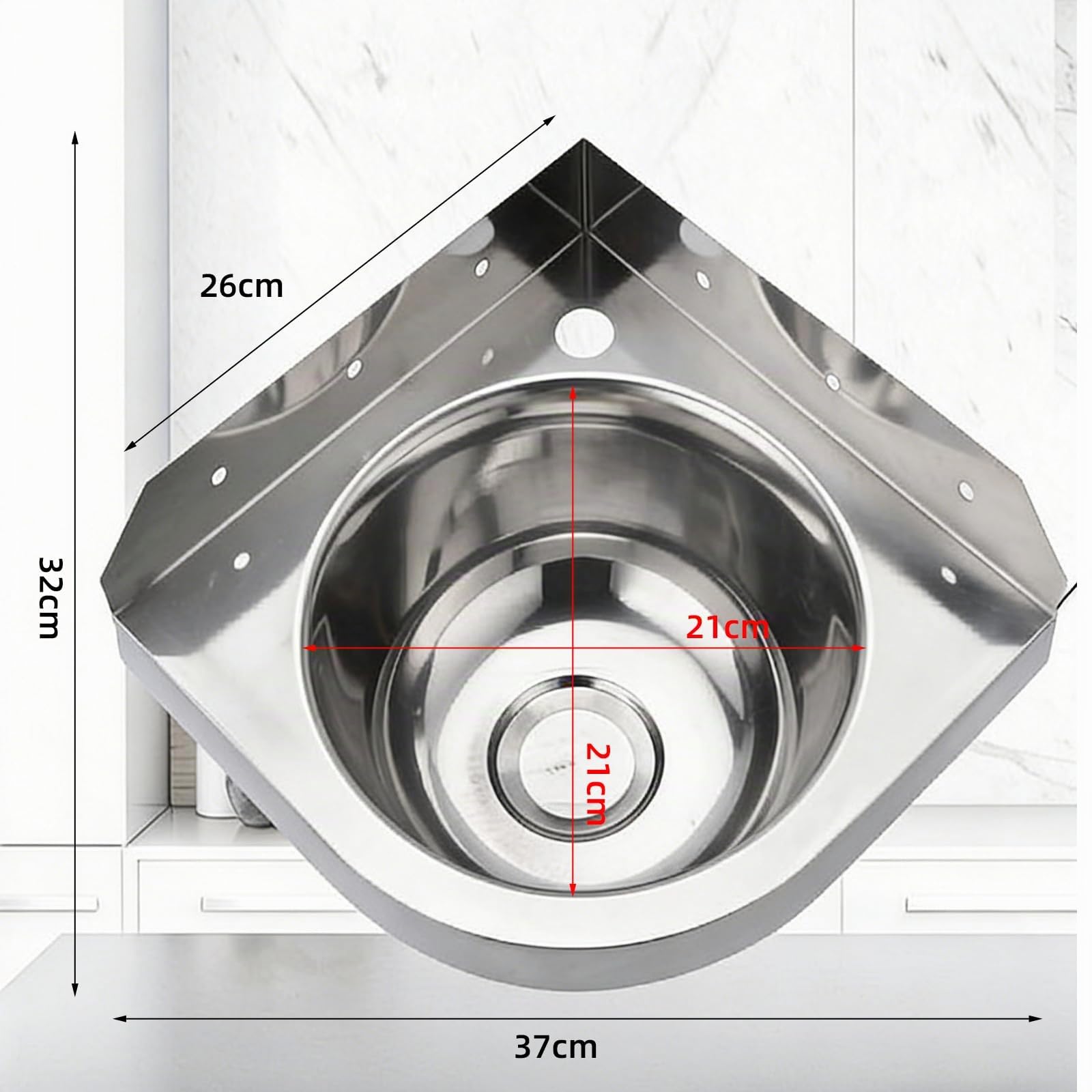 Fregadero Cocina 1 Seno, Lavabo Esquina de Acero Inoxidable, Lavabo de Pared Triangular, Fregadero de Acero Inoxidable con Grifo de Agua Fría y Caliente, Ahorro de Espacio para Baño, Autocaravana, WC