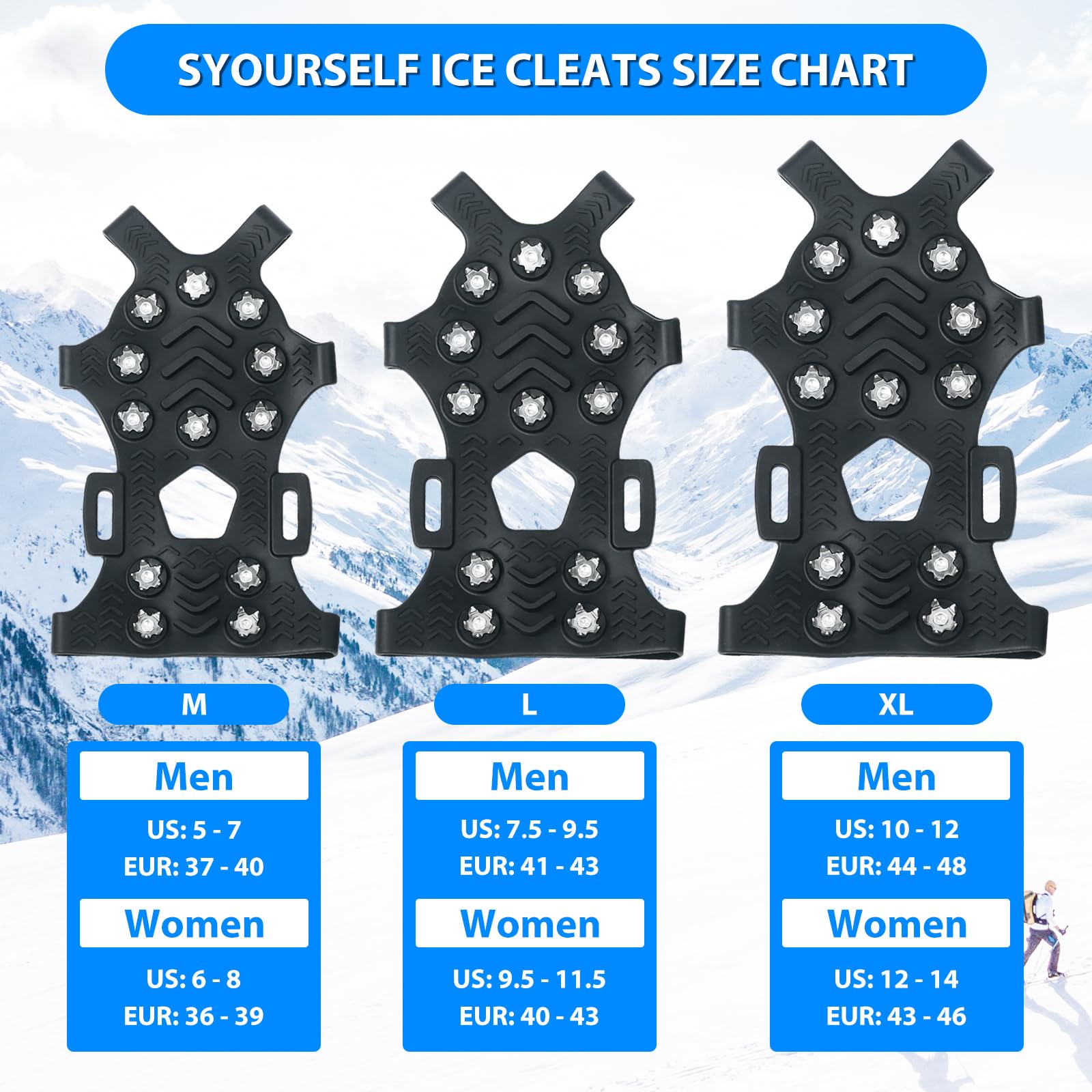 SYOURSELF Ramponi da ghiaccio per stivali invernali, ramponi antiscivolo per stivali da camminata, tacchetti di trazione per neve e ghiaccio, per bambini, donne, uomini, pesca, corsa, escursionismo