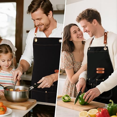 Miniatura 5 de GNDKDY Delantal de chef con bolsillos, delantal de trabajo negro para hombres y mujeres, delantales de cocinajardineríapeluquería para cocinar,