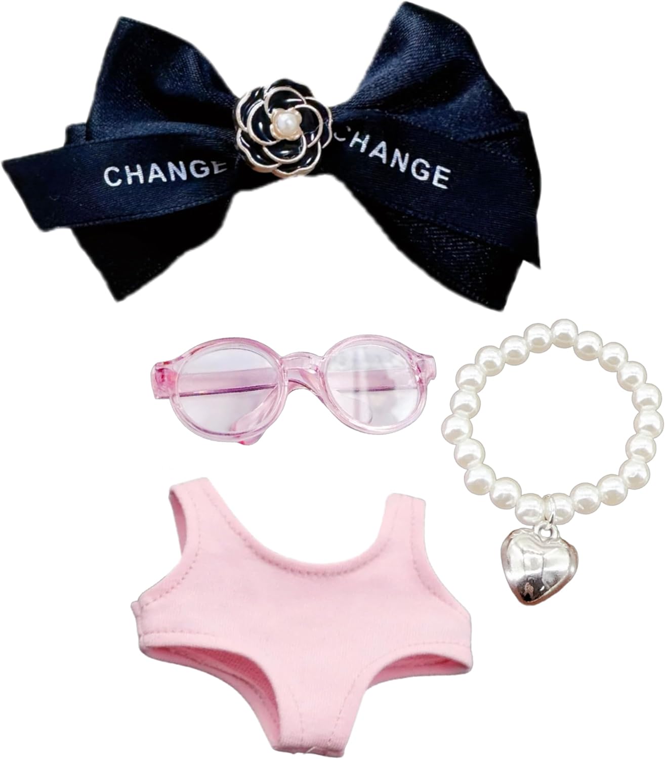 Chic Swimsuit Clothes Set for 15cm 17cm Doll - One-Piece Outfits Bikini, Handmade Bow Headware, Glasses & Pearl Necklace - Luxury Doll Beach Clothing & Accessories - Pink