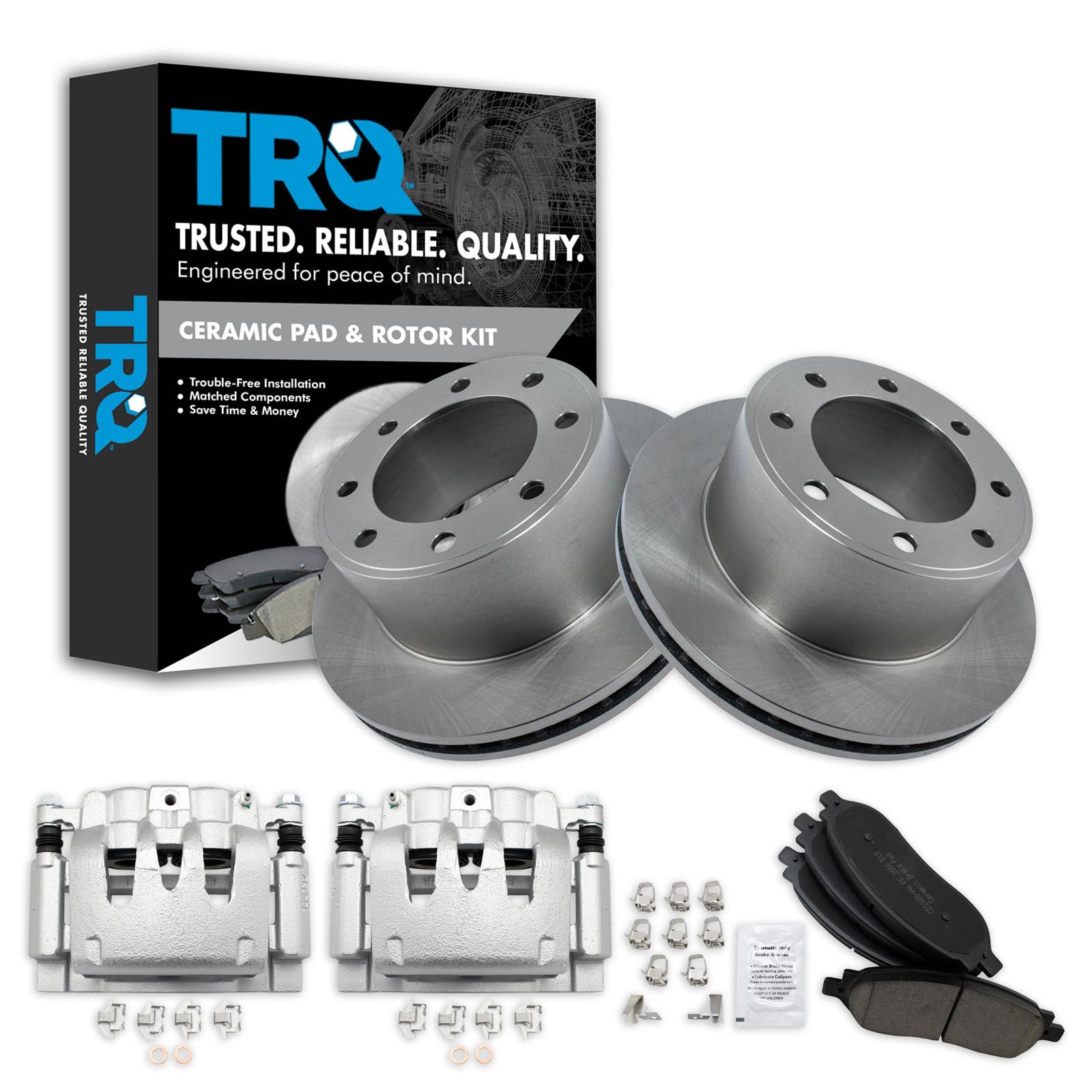 TRQ Rear Brake Pad, Caliper, &amp; Rotor Kit Ceramic Vented Compatible with 2006-2007 Ford F-250 Super Duty F-350 Super Duty