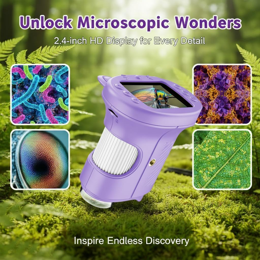 Kids Microscope, 1000X Portable Mini Pocket Microscope with 2.4″ IPS Screen & 8 LEDs, Rechargeable, STEM Educational Science Kit Toys, Best Christmas Birthday Gifts for 4-12 Year Old, Violet