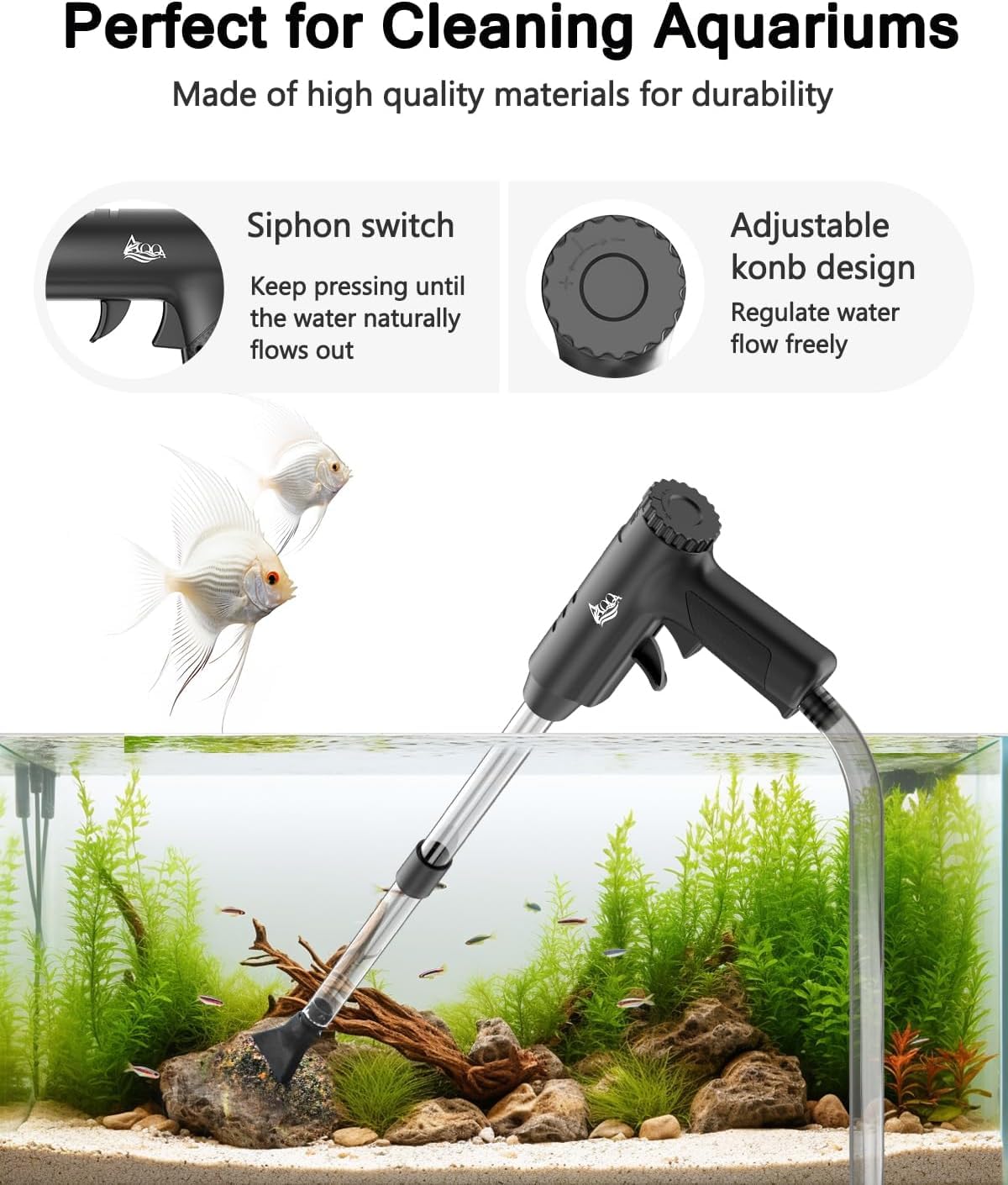 AQQA Aspirador para acuarios, 4 en 1, potente aspiración, limpiador de acuarios, aspirador de lodo ajustable para cambio de agua, lavado de arena, filtración de agua y recirculación