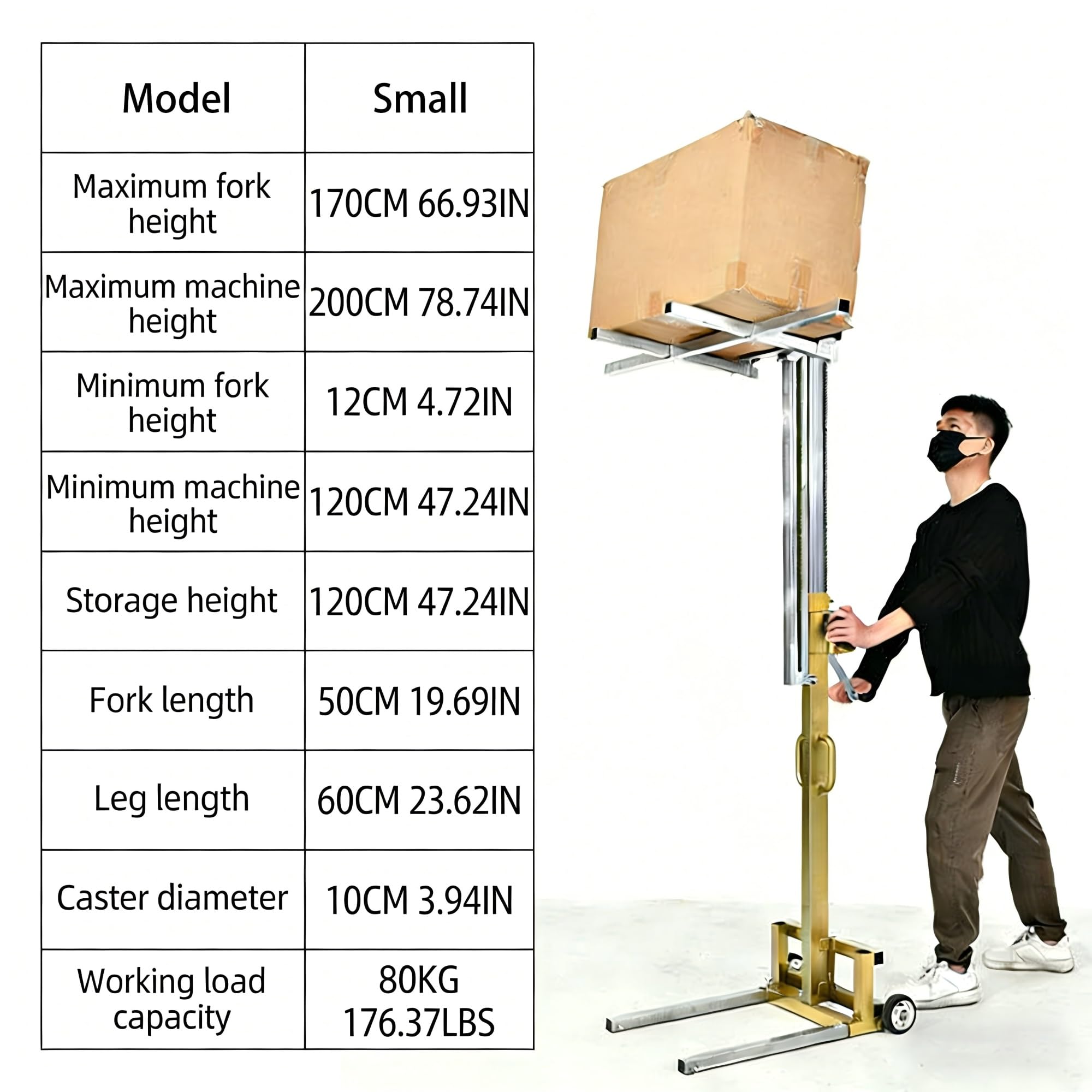 Transpallet con argano per il sollevamento di materiali, carrello di sollevamento manuale leggero a 2 ruote, piattaforma 50x100 cm, capacità 80 kg(S)