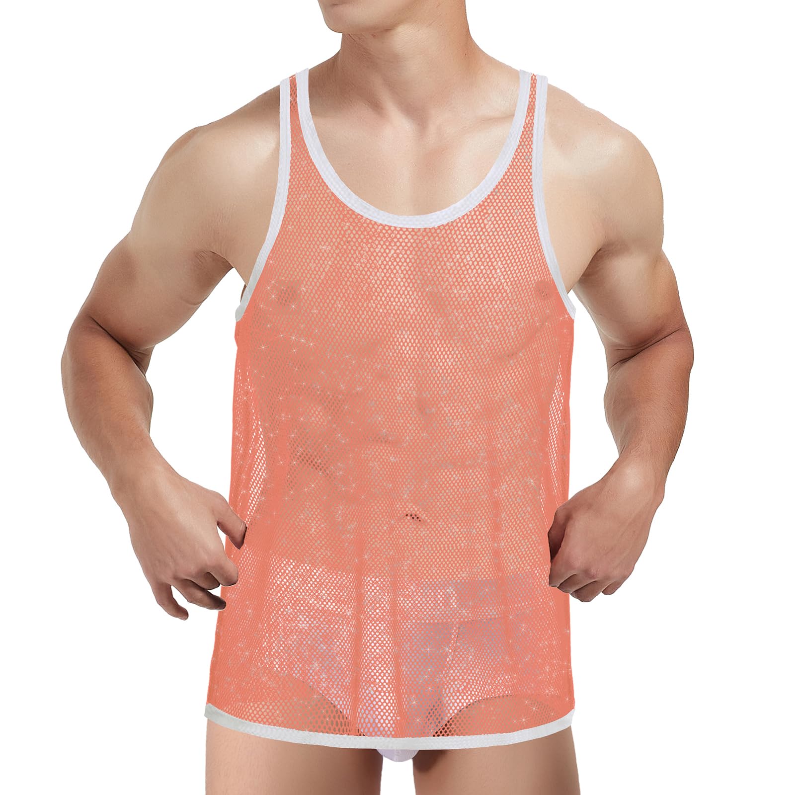 SUMABA Mens Sparkly Fishnet Tank Top Mesh Undershirt See Through Sleeveless Undershirt