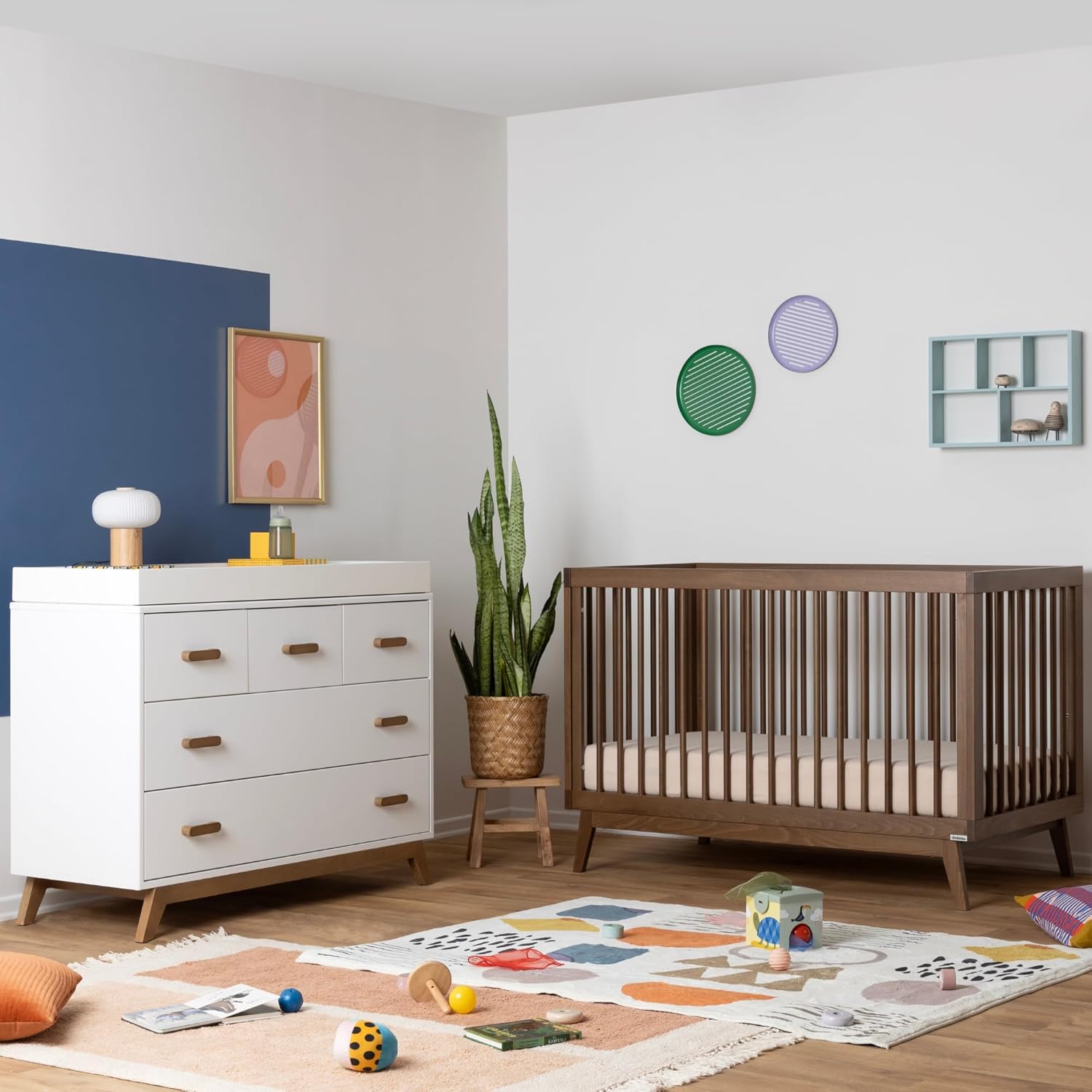 dadada Soho Baby Nursery Furniture Set. Baby Crib and Dresser Set Combo. Soho 3-in-1 Convertible Crib and Matching 5 Drawer Dresser. Walnut Beechwood