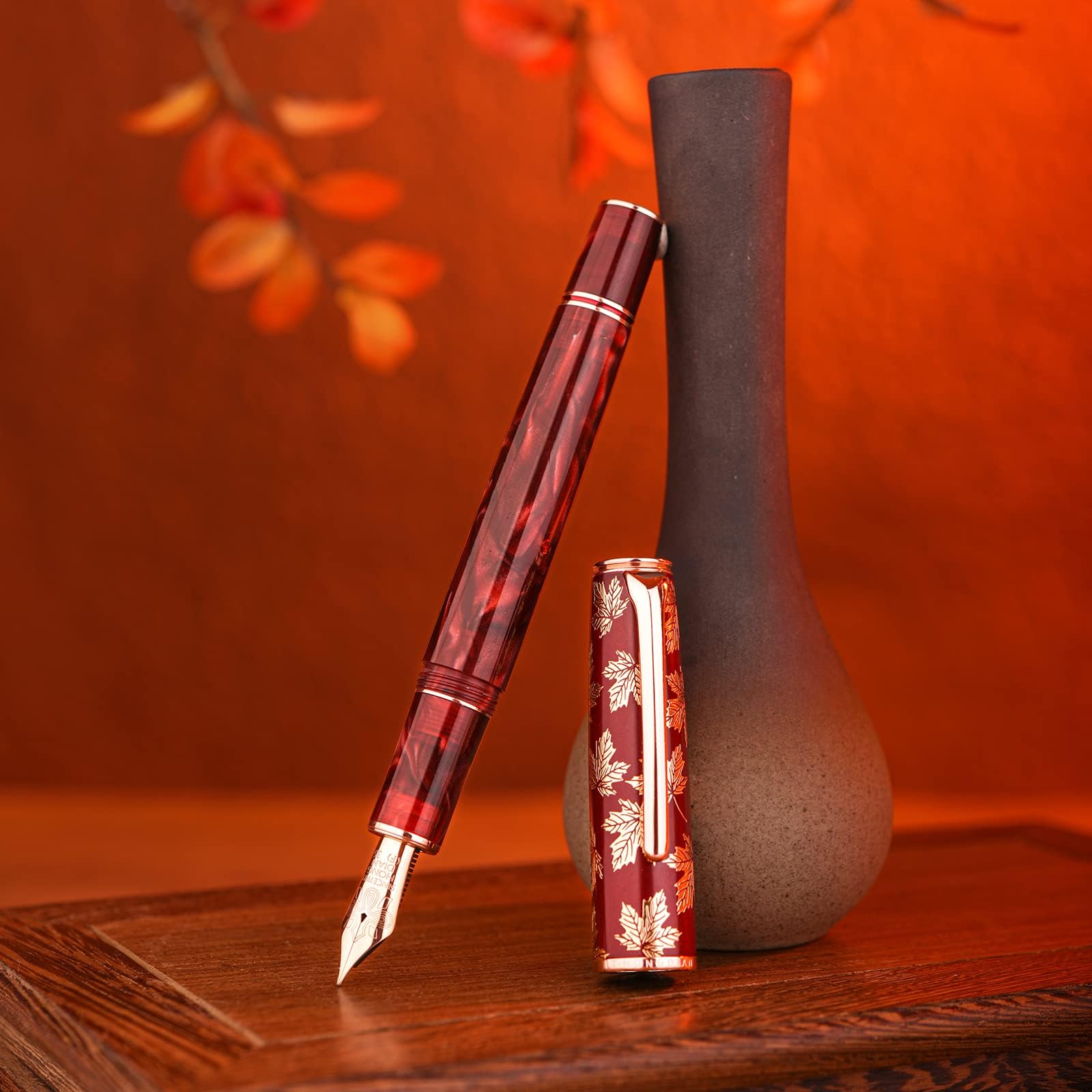 HONG DIAN N8 Red Acrylic Resin Fountain Pen, Iridium Extra Fine Nib Rose Gold Trim Maple Leaf Carving Cap, Smooth Writing Pen with Converter and Metal Pen Box Set
