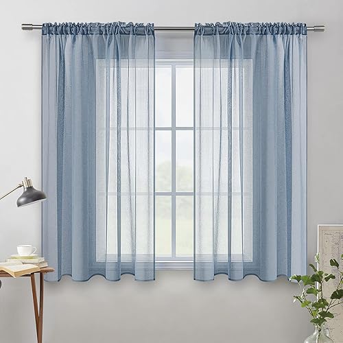 Miniatura 8 de MIULEE Cortinas traslúcidas con textura de lino azul polvoriento para cocina, dormitorio, sala de estar, cortinas de gasa semitransparentes para