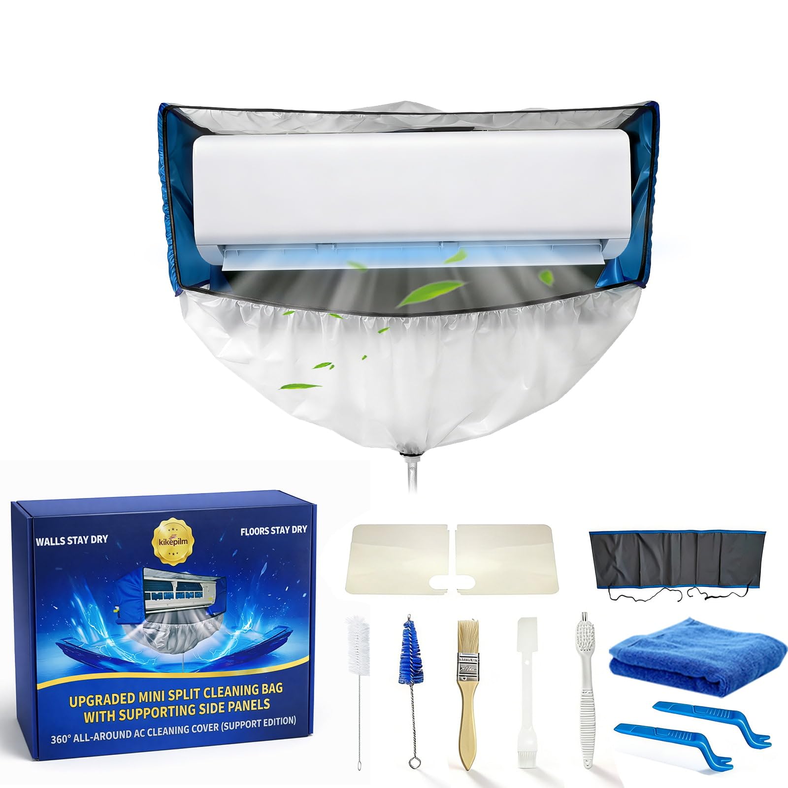 Kikepilm kit pulizia climatizzatore split, kit pulizia split condizionatori con pareti laterali rinforzate e sacchetto impermeabile (Blu e bianco trasparente, Tipo C)