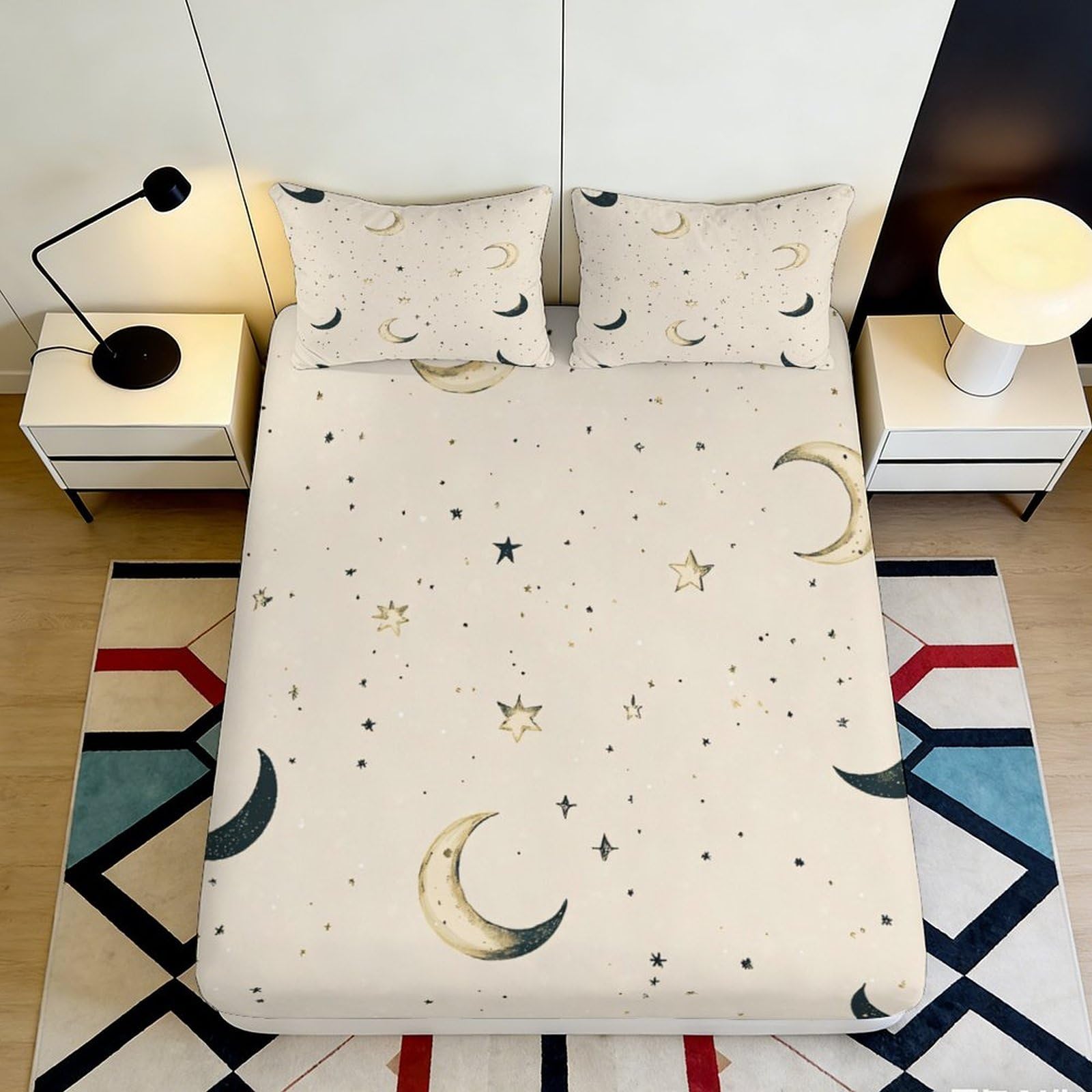 3D Printed Moon Star Fitted Sheet Microfiber Deep Pocket Bedroom Bedding Celestial Mattress Fitted Cover Washable Non-Slip 160x200x25cm
