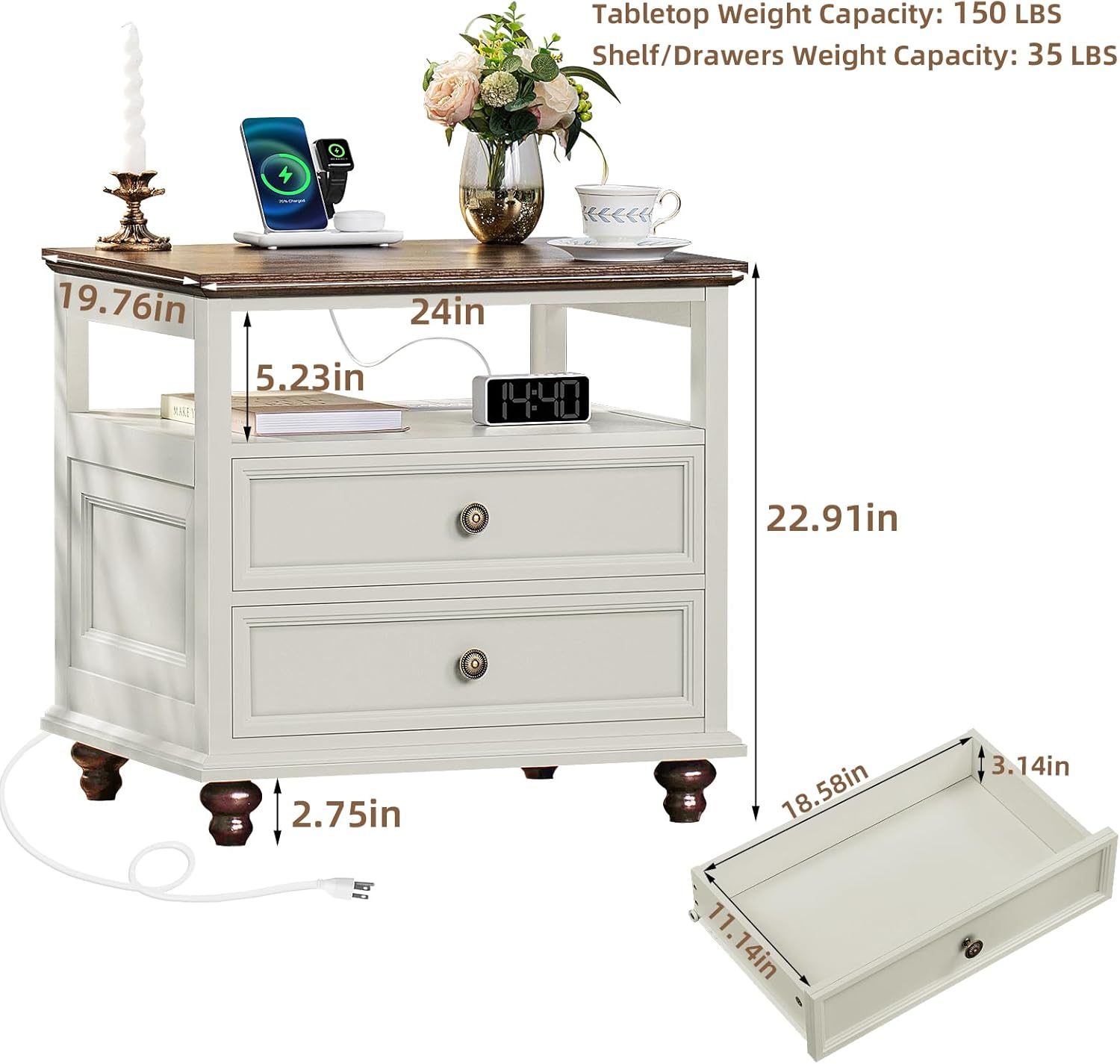 Joaxswe Farmhouse Nightstand with Charging Station, 24" Wide End Table with 2 Drawers,White Wood Dresser for Bedroom, Bed Side Table Chest of Drawers Cabinet,Night Stand for Living Room, Closet