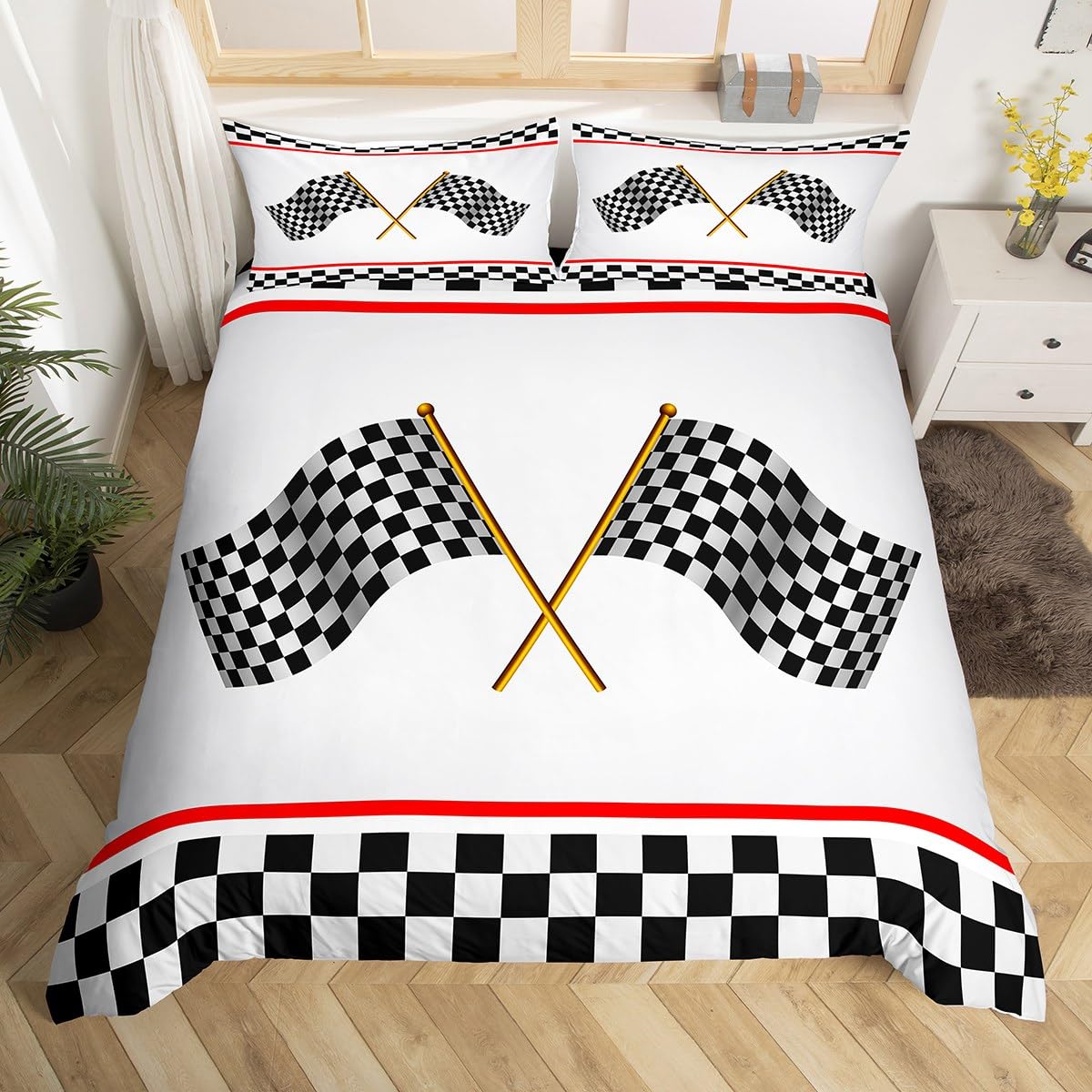 Racing Car Checkered Flag Duvet Cover Single Size,Kart Racing Speed Sport Bedding Set 2 Pcs for Kids Teens,Black White Red Comforter Cover Soft Bedding Set Bedroom Decor โ image 1