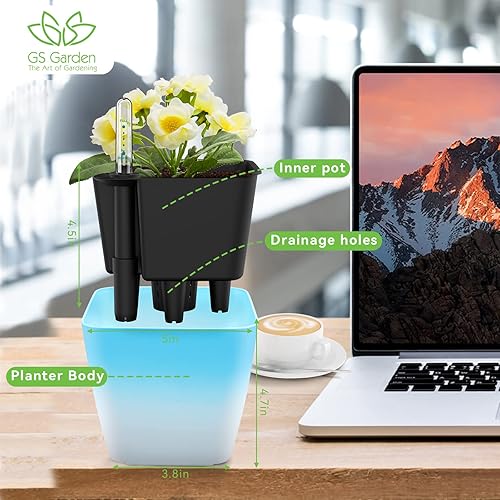 Miniatura 2 de Macetas de riego automático para plantas de interior paquete de 3 macetas de 5 pulgadas color azul degradado con indicador de nivel de agua, violeta