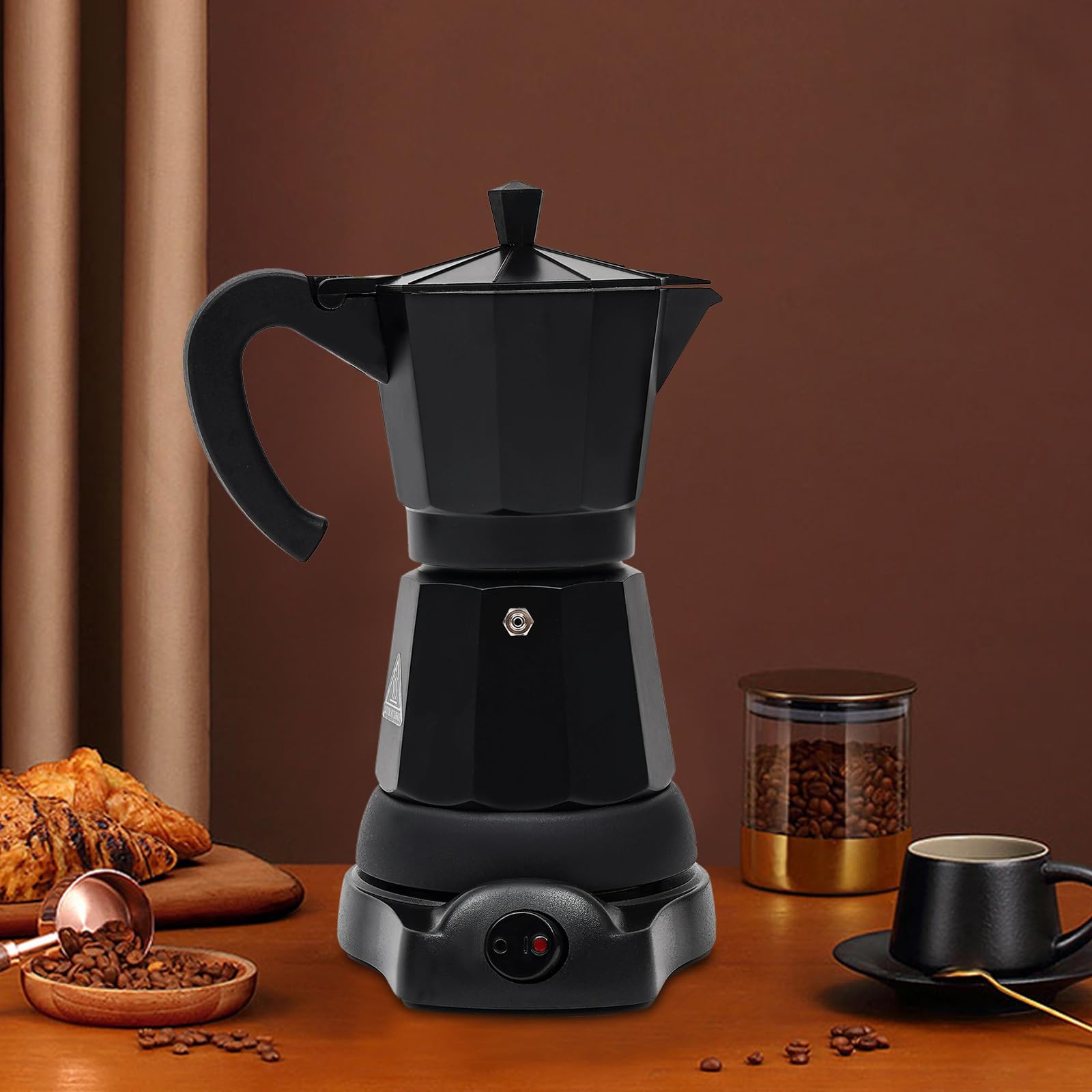Cafetières Cafetiere Italienne Machine a Cafe Italienne Électrique Grande Préparation d'Espresso Italien Cafetière Expresso Pot Moka, Aluminium, Noir, 6 Tasses (300 Ml)