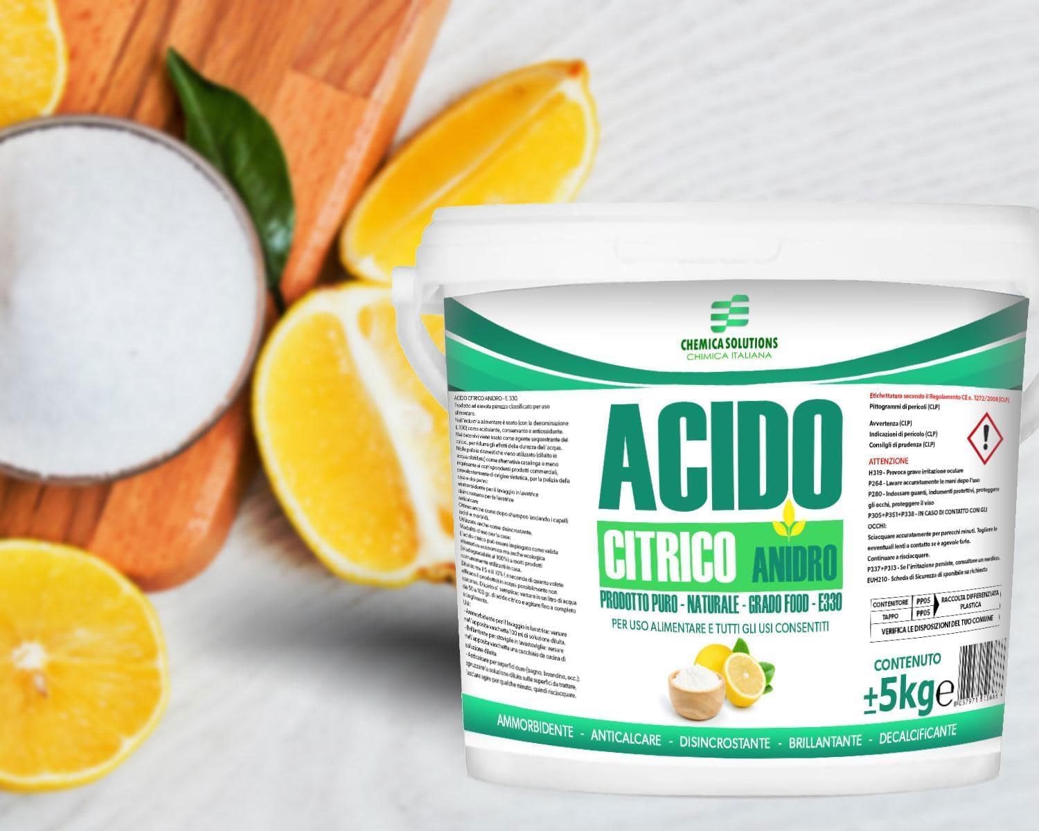 Ácido cítrico ANIDRO 100% E330 natural multifunción, detergente para suelos, limpieza cal lavadora, abrillantador descalcificante, alimentario, paquete de 5 botes de 1 kg
