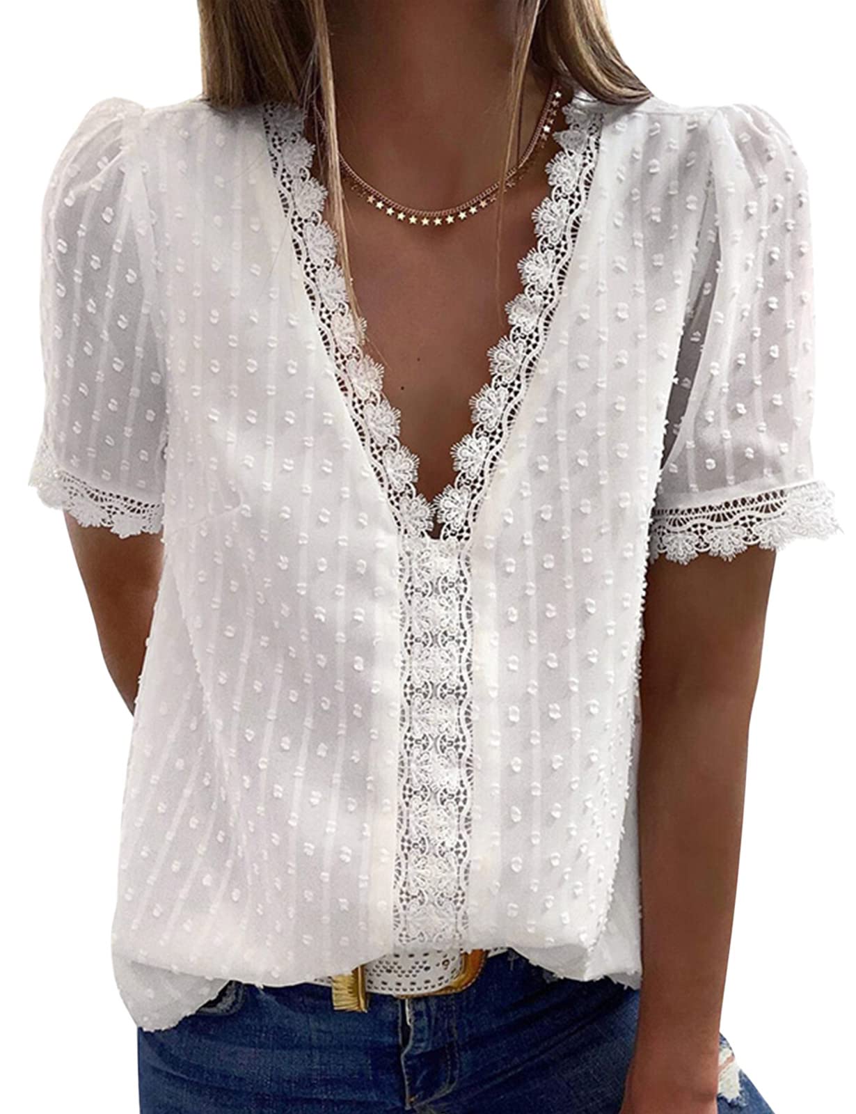RITOSTA Blusa Mujer Mangas Cortas de Encaje Camisetas para Mujer Verano Camiseta Casual de Manga Corta Cuello en V