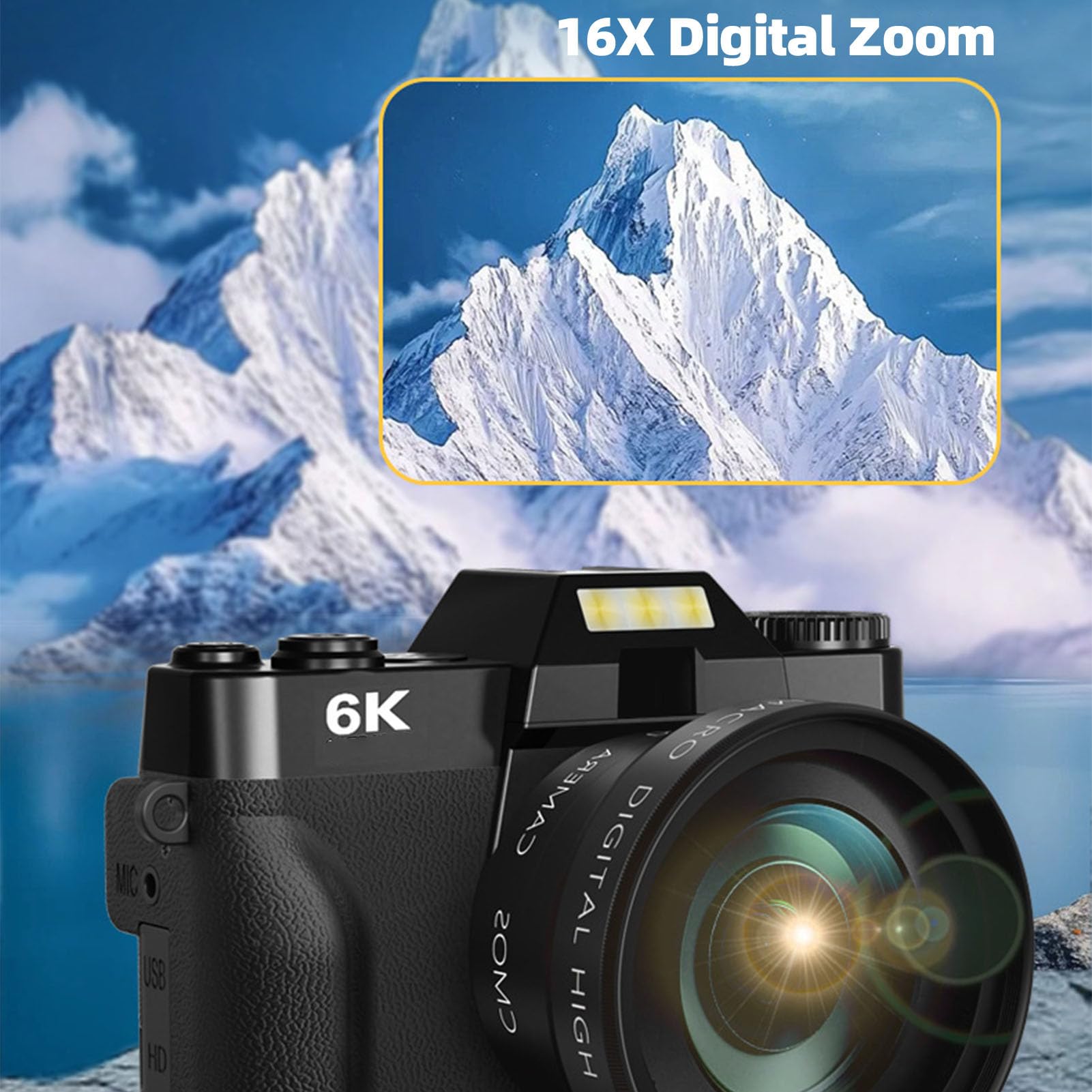 Annadue Fotocamera Digitale per Fotografia, Videocamica da 6k da 64 MP con Schermata di Lancio da 3,0 Pollici, Zoom Digitale 16x, Fotocamera Mirrorless Autofocus per Fotografia (BLACK)