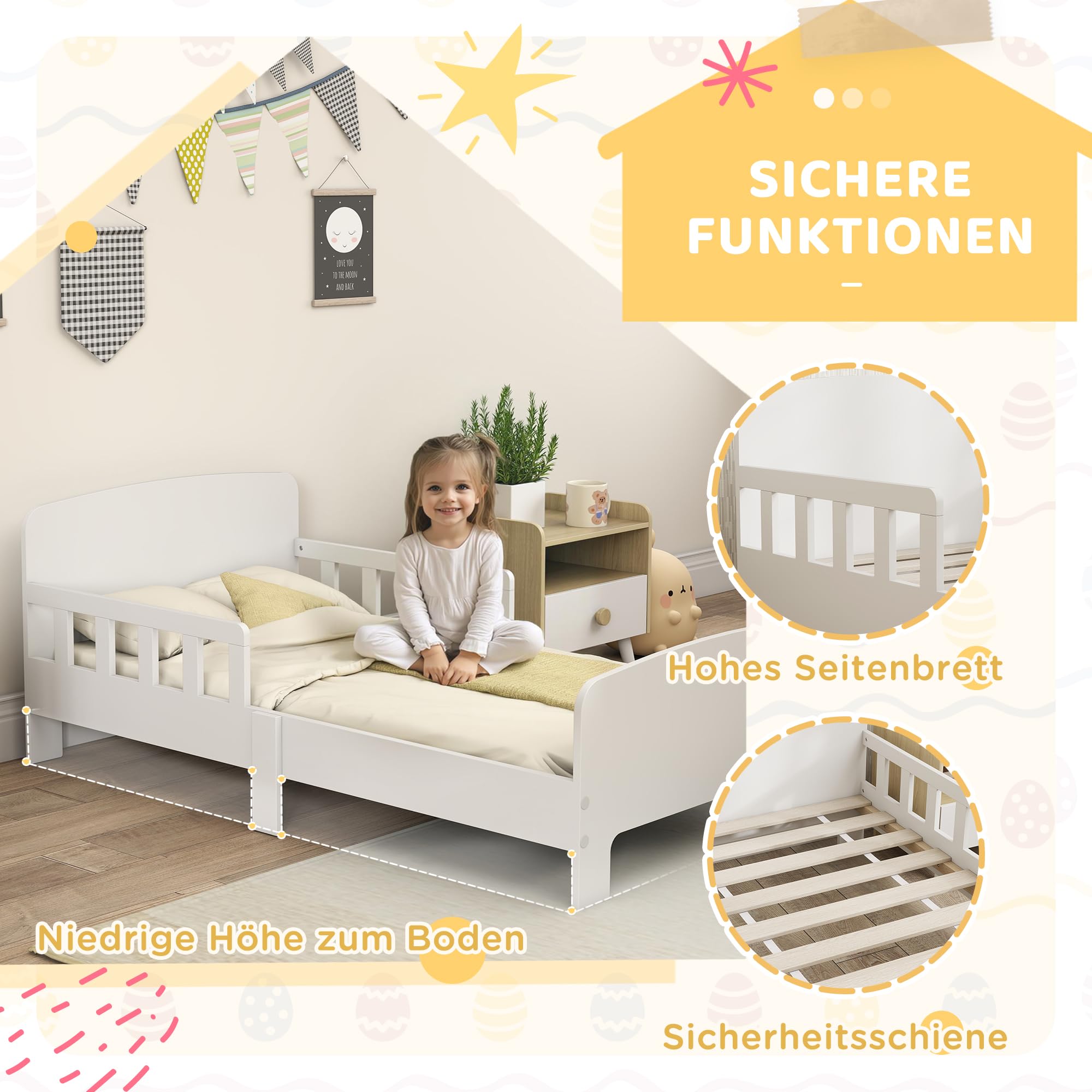 AIYAPLAY Kinderbett, Kleinkindbett mit Rausfallschutz, Lattenrost, 143,5 x 74,2 cm Einzelbett für Mädchen und Jungen, Jugendbett für 3–8 Jahre, Weiß