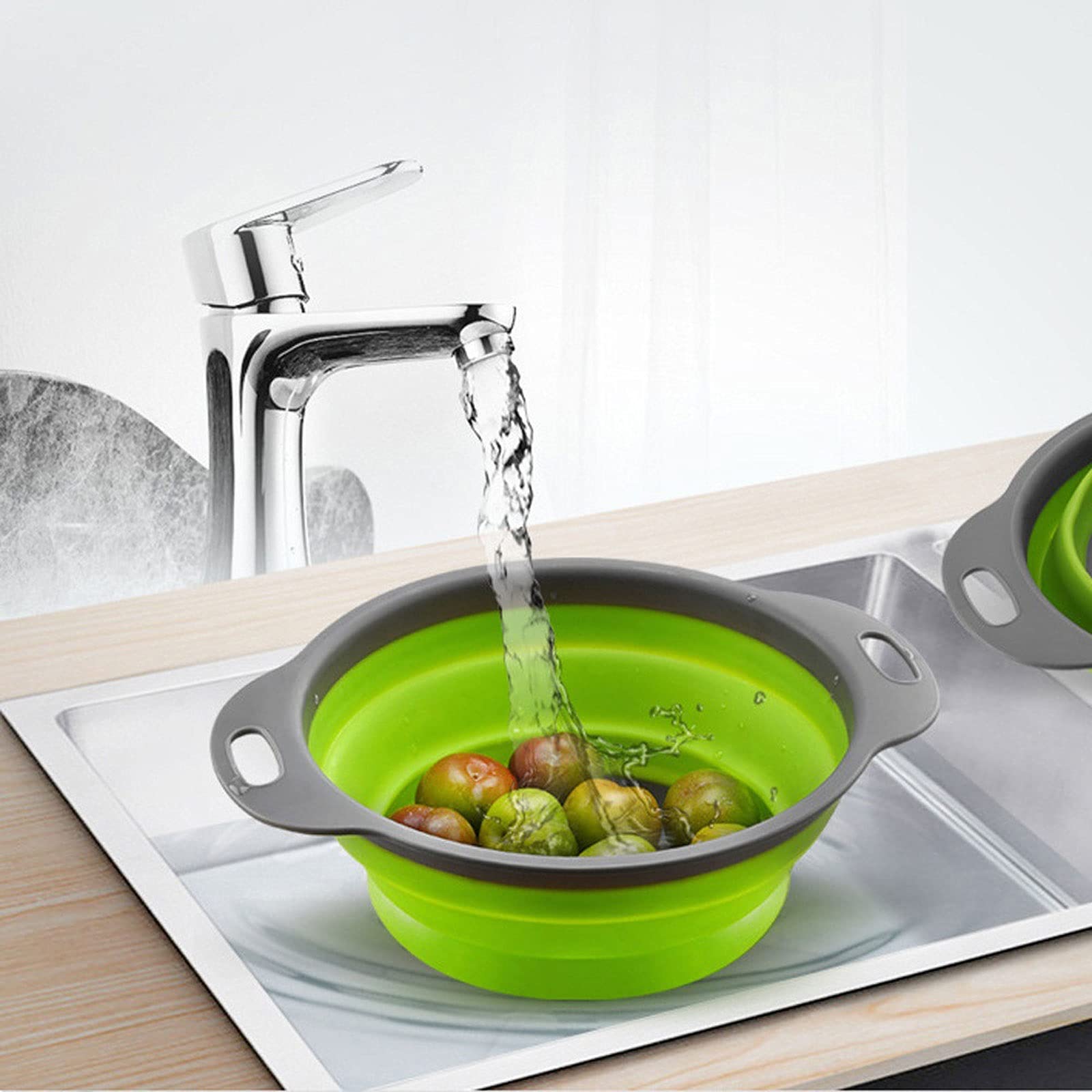 Colador plegable de silicona para fregadero, cesta de lavado de frutas y verduras, colador plegable con asa, herramientas de cocina (verde)
