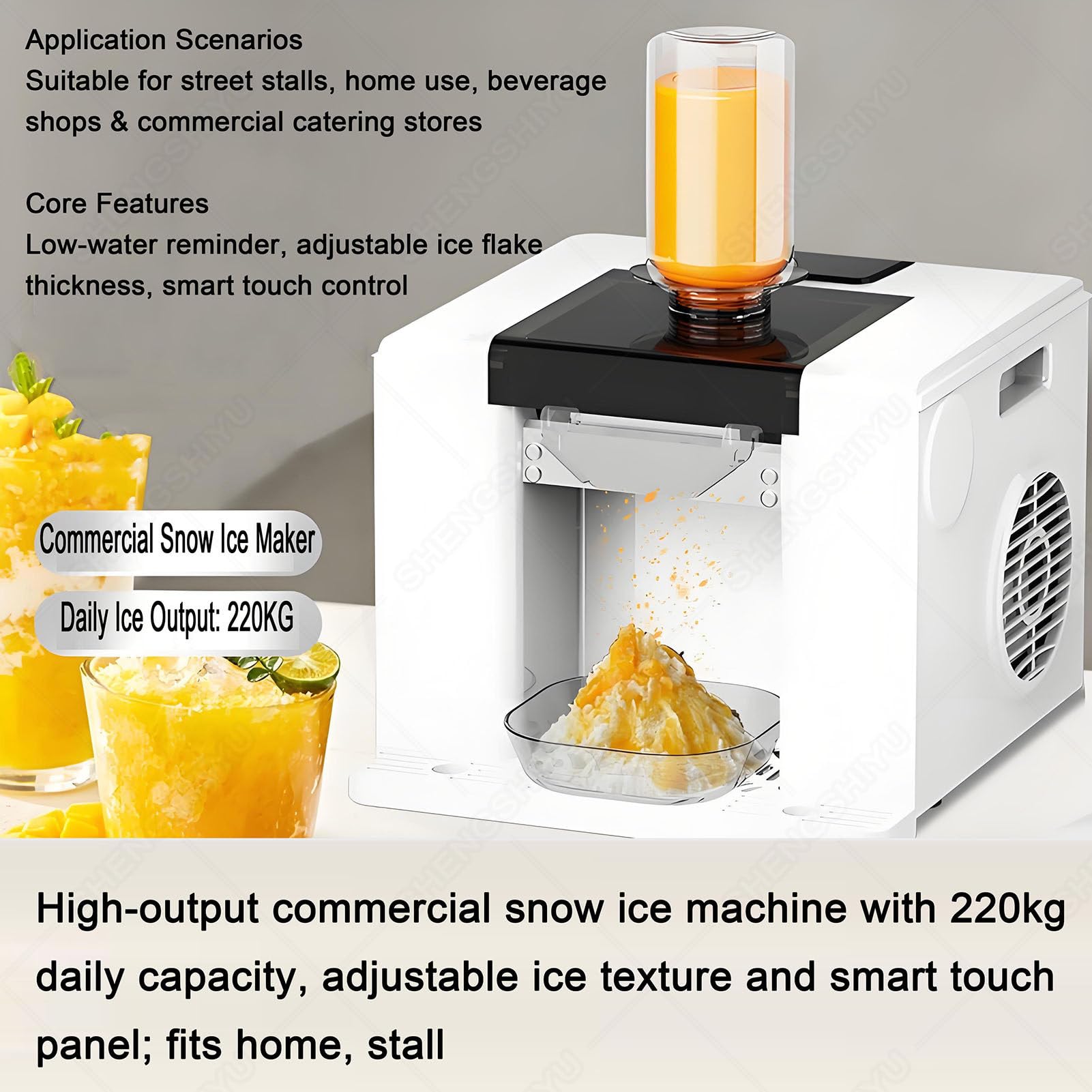 Gewerblicher Eiswürfelbereiter, 280W elektrischer Eiscrusher mit 750ml Einfüllbecher, 3 voreingestellten Portionen, intelligenter Geschwindigkeitsregelung, einstellbarer Eisdicke, automatischer R