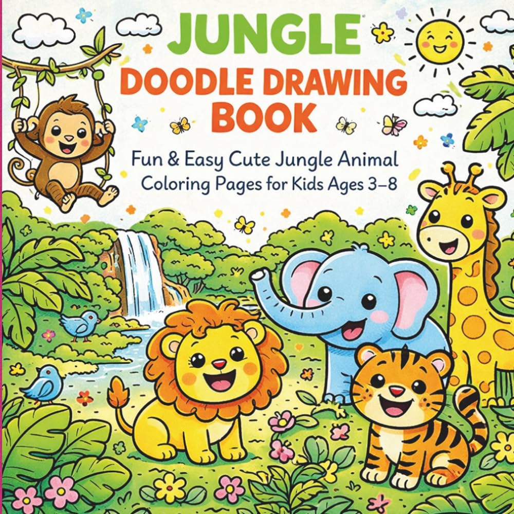 Jungle Animal Doodle Drawing Book for Kids Ages 3–8: Fun & Easy Jungle Animal Coloring Pages with Cute Lion, Monkey, Elephant, Tiger & Safari Doodles for Boys and Girls