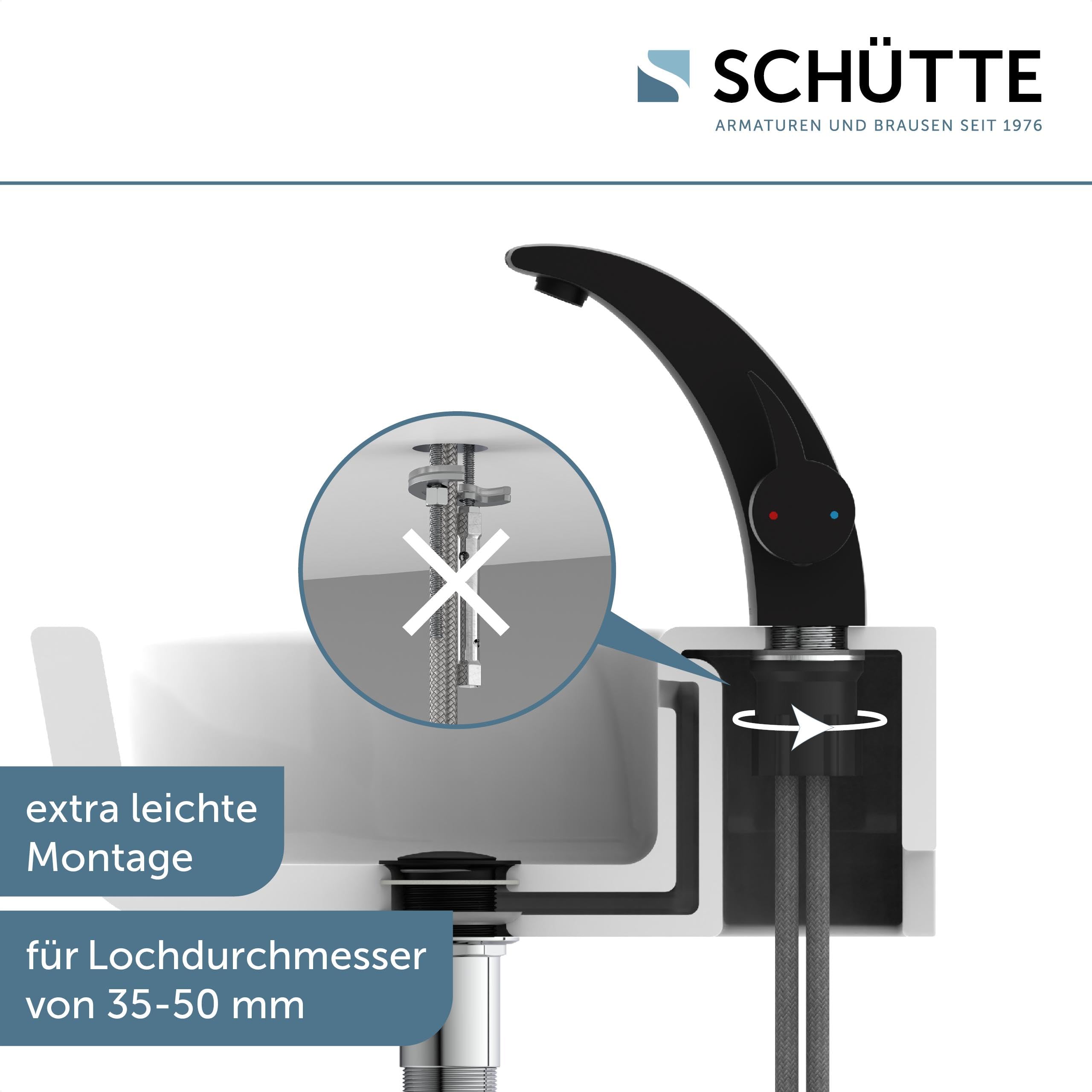 SCHÜTTE 98106 PANAMA Design Wasserhahn Bad, Moderne Waschtischarmatur fürs Badezimmer, Elegante Einhebel Mischbatterie Waschbecken mit Pop Up Abflussstopfen, Schwarz