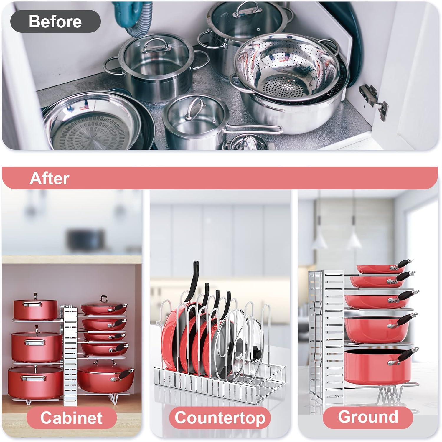 MUDEELA Adjustable 8-Tier Iron Pots and Pans Organizer for Cabinet, Silver, Protective Kitchen Storage