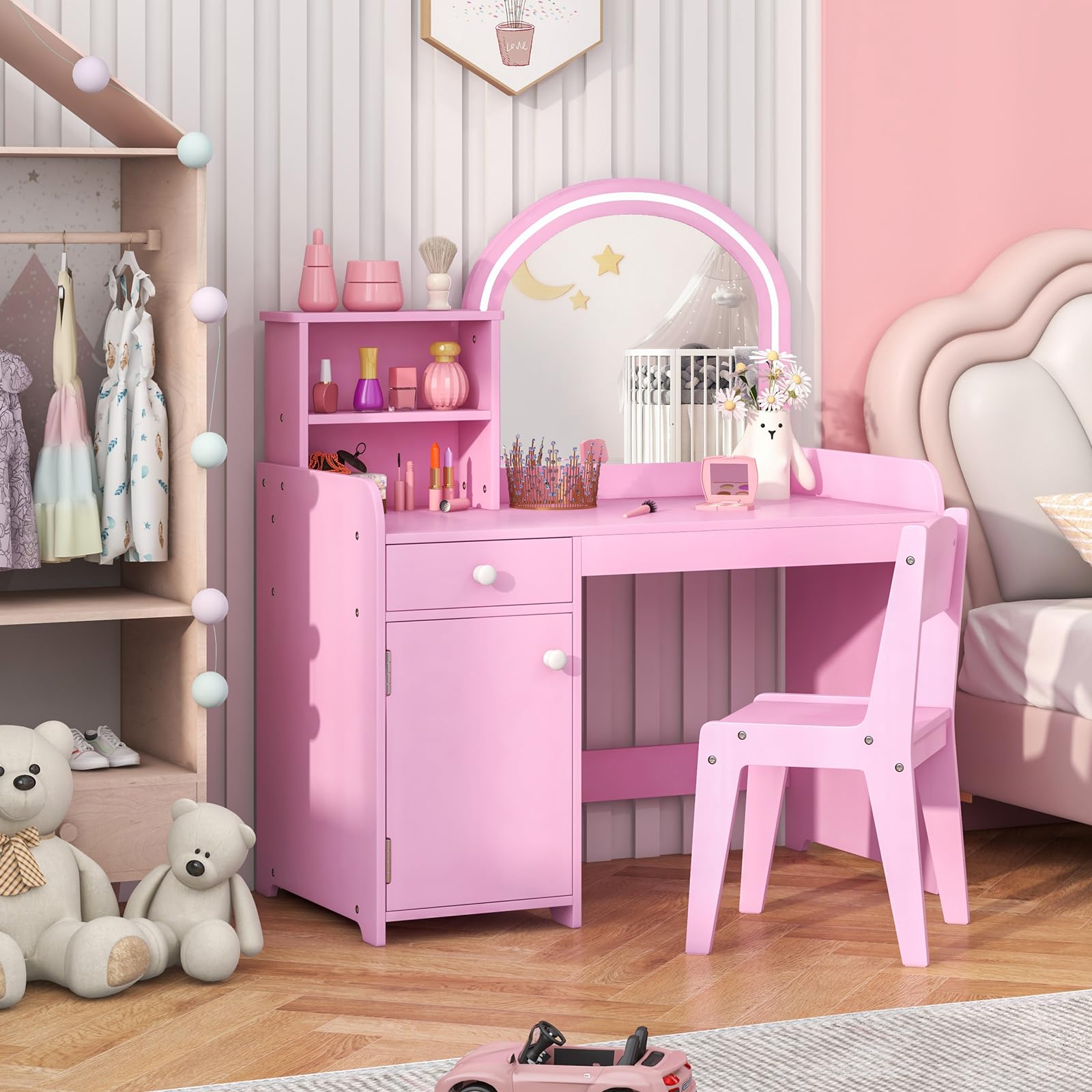 KOTEK Kids Vanity Table and Chair Set, Girls Vanity Set with Mirror and Lights, Storage Drawer, Open Shelf, Enclosed Cabinet, Wooden Princess Dressing Table Makeup Vanity for Kids (Pink)