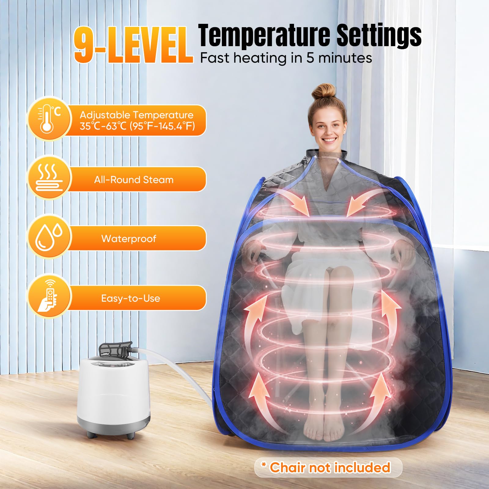 Tragbare Dampfsauna Kabine, Faltbare Saunabox mit Fernbedienung & 45 Min. Timer für Entgiftung, Schmerzlinderung & Entspannung,Tragbarer Vapozone mit 2,6 l Dampfgenerator