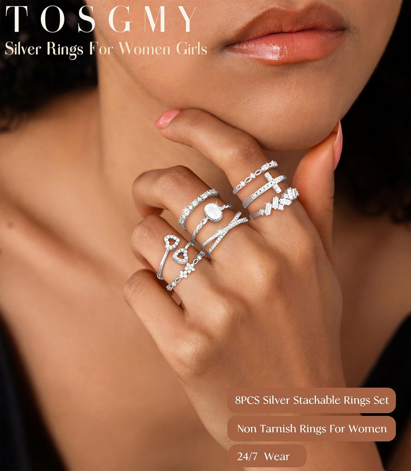 Gold Silver Rings For Women Non Tarnish Gold Plated Stackable Rings Wedding Engagement Bands Dainty 14K Gold Ring Simple Trendy Cubic Zirconia Thumb Stacking Ring Pack Size 4-11 - Image 2