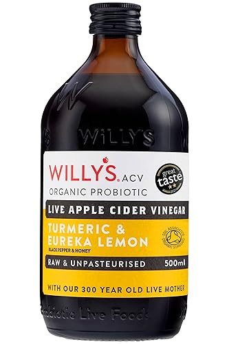 Willy's ACV Vinagre de sidra de manzana probiótico orgánico con madre para la salud intestinal - con cúrcuma y limón Eureka 16.9 fl oz