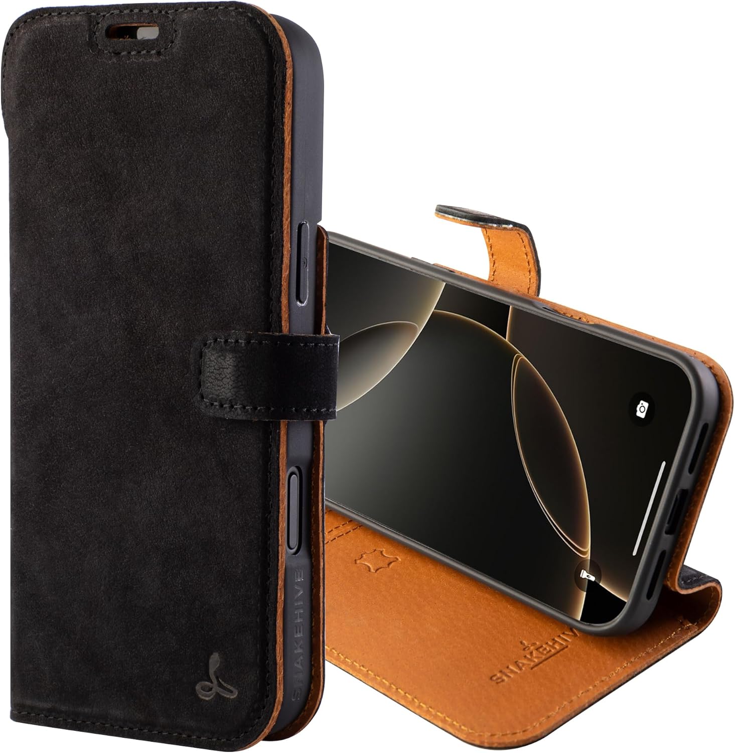 Snakehive Genuine Leather Wallet Case for iPhone 17 Pro Max – Flip Cover with Card Slots & Stand (Black)