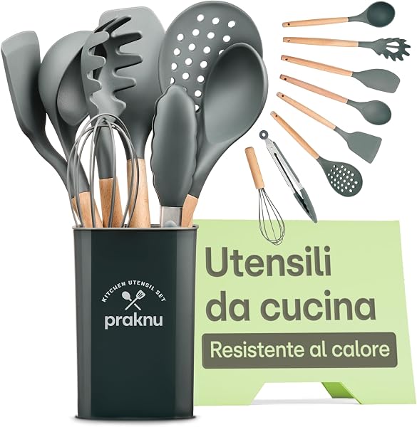 Set Utensili Cucina in Silicone con Manico in Legno